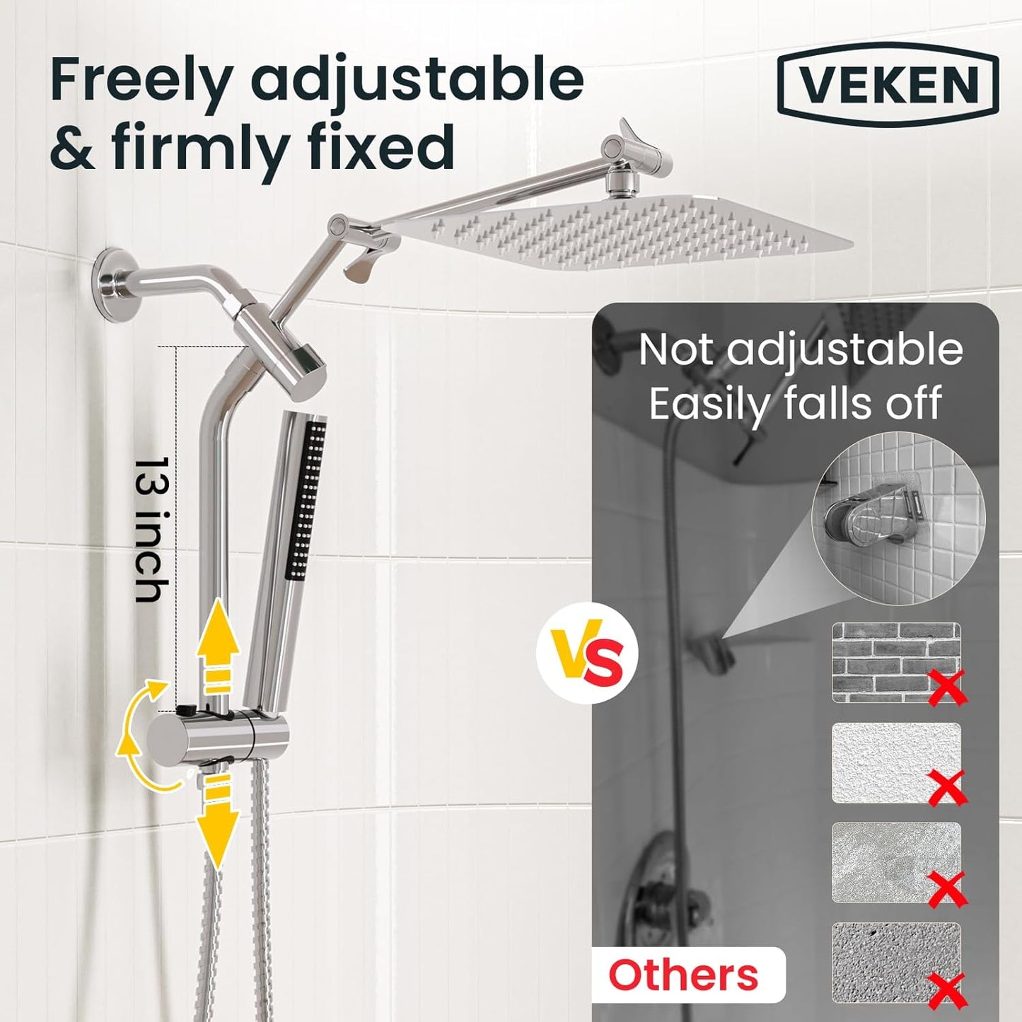 Veken 10" Luxurious Rain Shower Head - High Pressure Dual Showerhead with Handheld | Chrome Finish