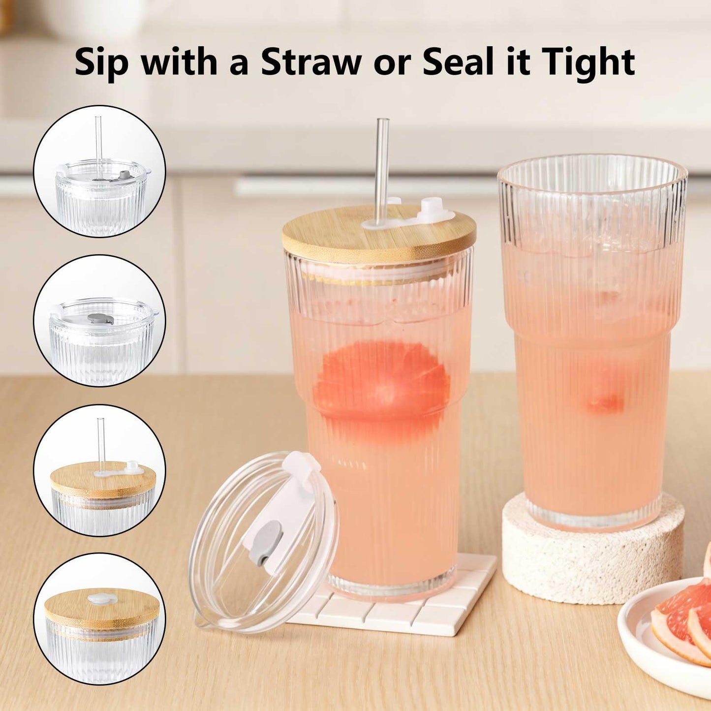 Ruckae 20oz Reusable Ribbed Glass Tumbler Set – 2 Pack Leakproof Glass Cups with Bamboo Lids,Thickened Glass– Aesthetic Iced Coffee Glasses for Home, Office, Travel, and Gifts (4, Transparent)