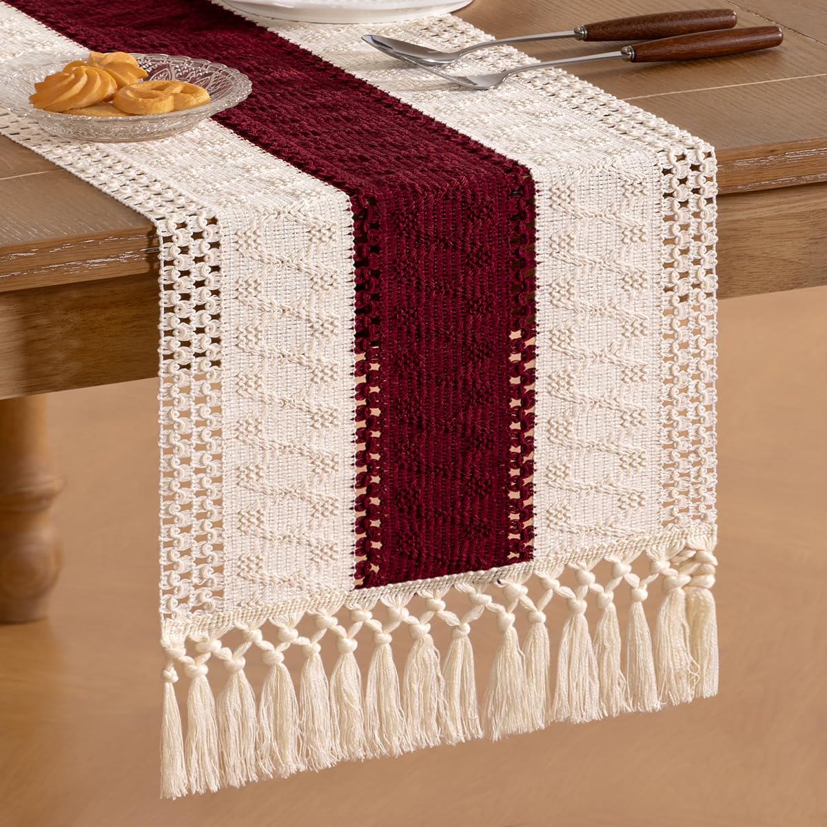 Socomi Boho Table Runner Easter Spring Farmhouse Rustic Dining Kitchen Centerpiece Decor Small Macrame Woven Cotton Linen Coffee Table Runner for Dresser Scarf Home Decor 12x60 in Burgundy Ivory