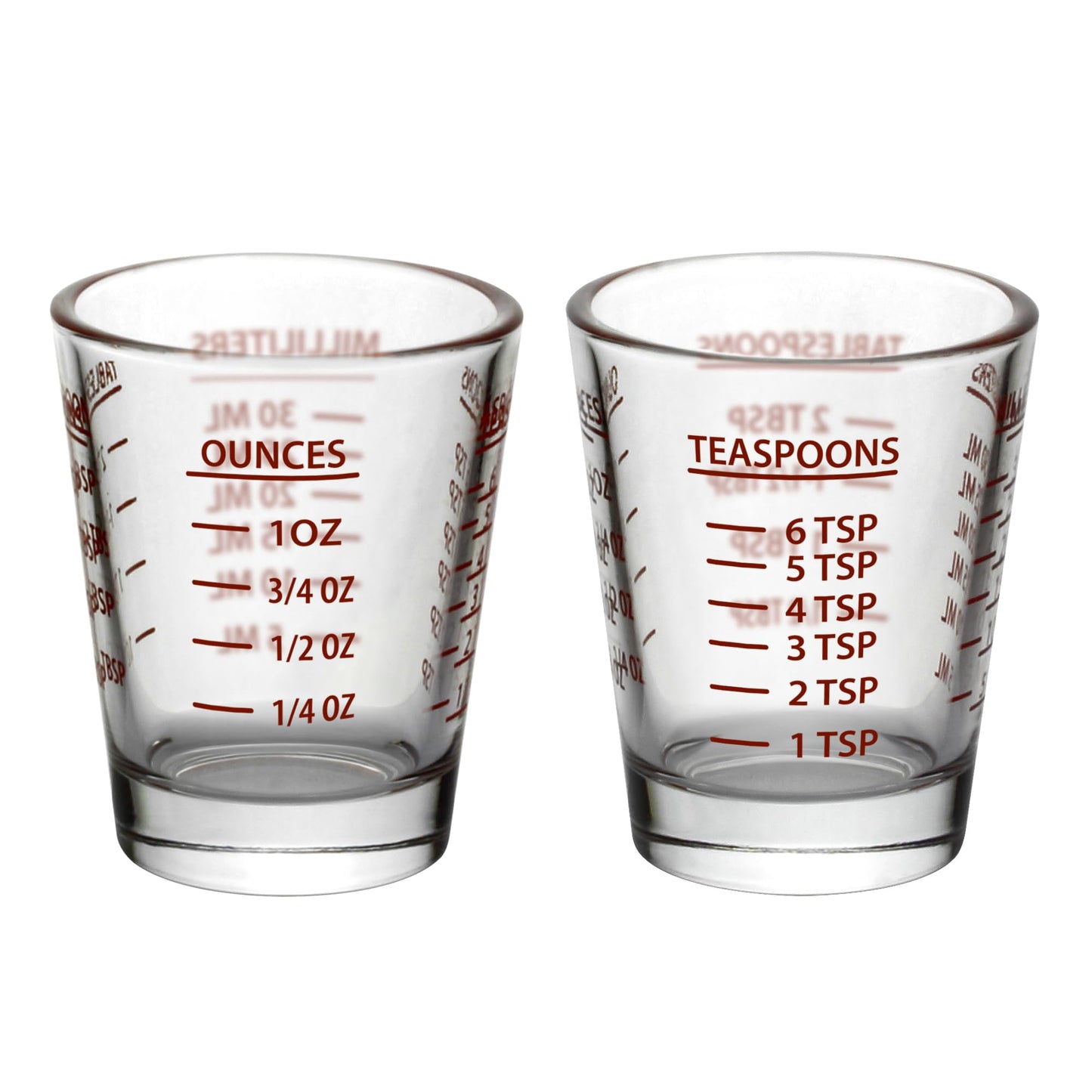 Versatile Heavy-Duty Glass Measuring Shot Glasses - Easy Read for Cooking, Espresso, and Medicine, 1 Ounce, 6 Teaspoons, 2 Tablespoons, 30Milliliters, Dishwasher Safe, 2-Pack