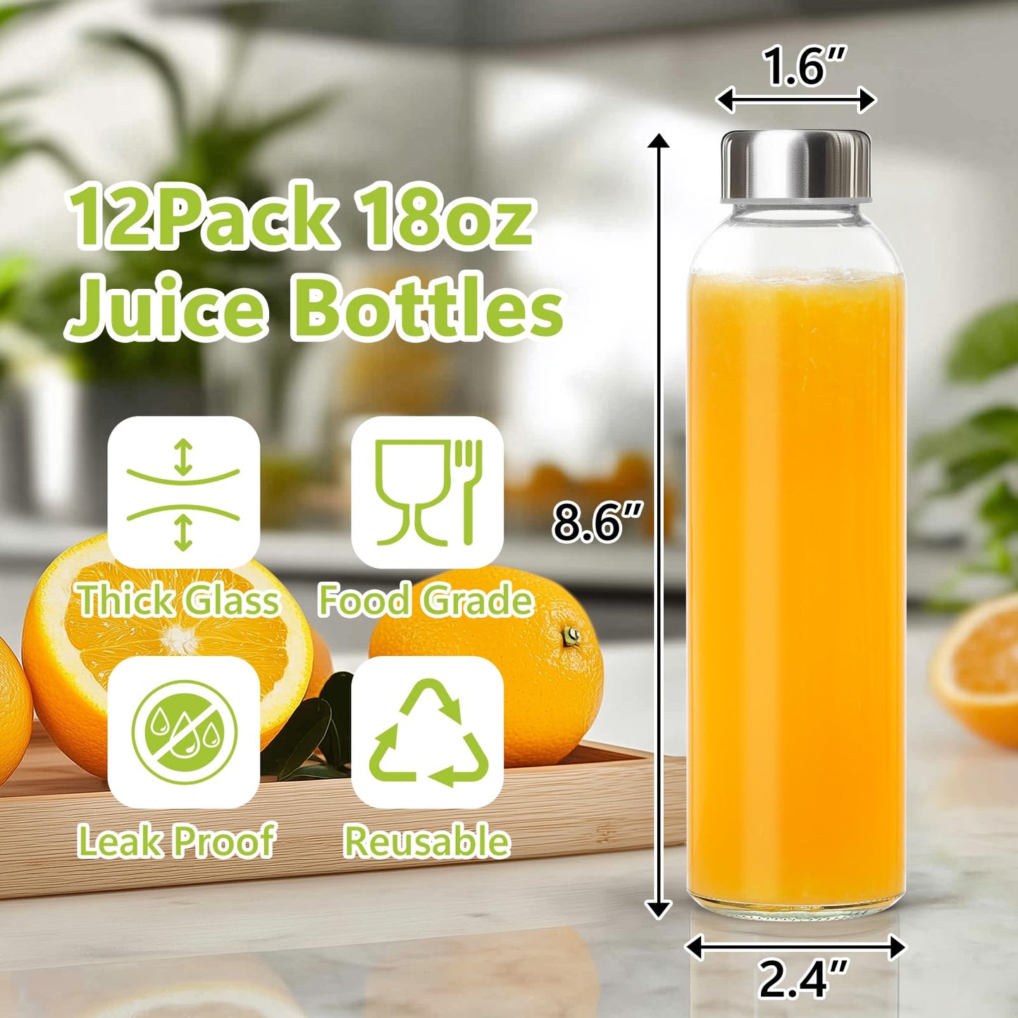 KEYWING 12Pack Glass Juice Bottles with Lids, 18oz Clear Juicing Bottle with Reusable Glass, Leak Proof Water Bottles with Airtight Stainless Steel Cap for Juice, Coffee, Beverage, Smoothies, Tea