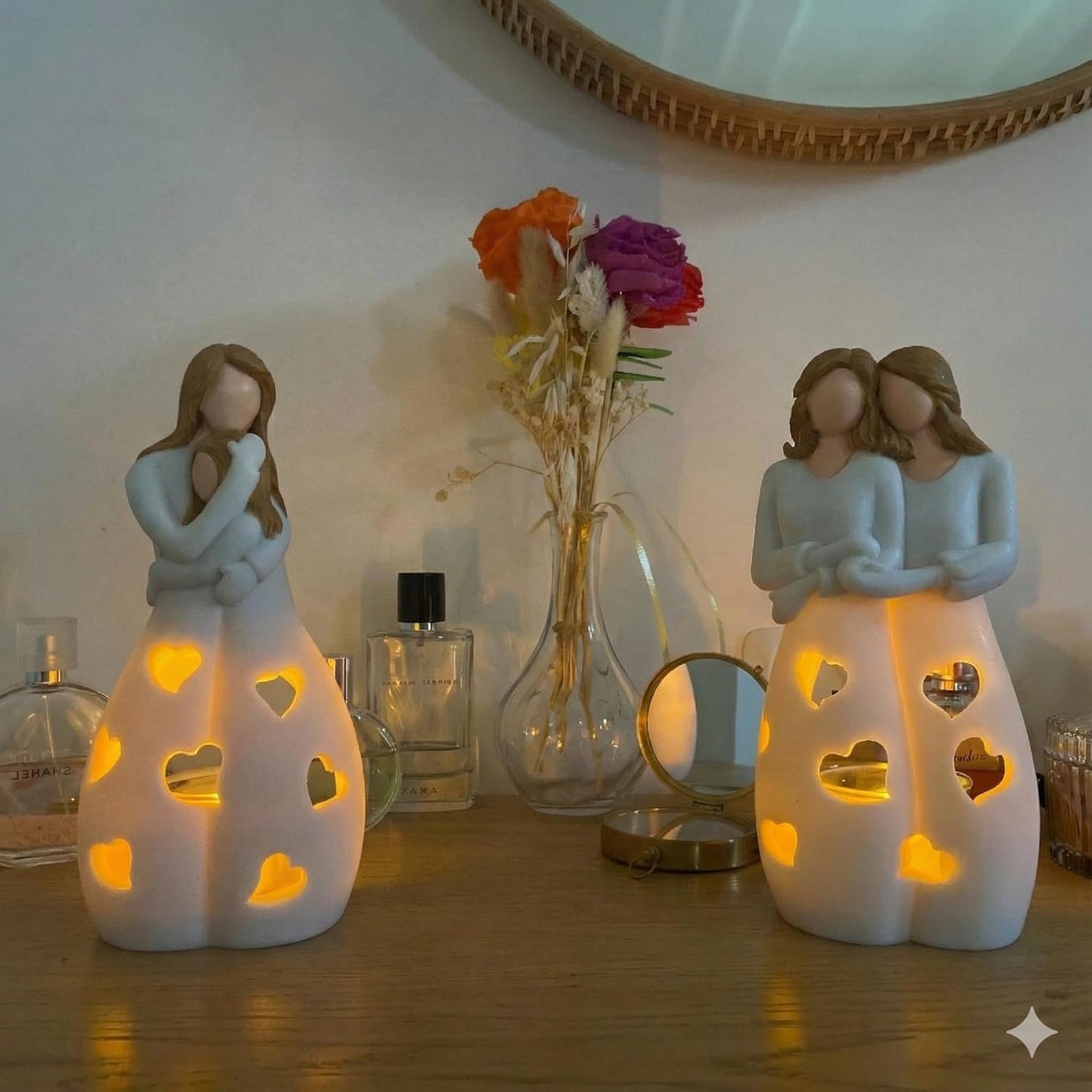 Sisters for Mom - Candle Holder Statue with Flickering LED Light | Unique Gift for Mother's Day & Friends