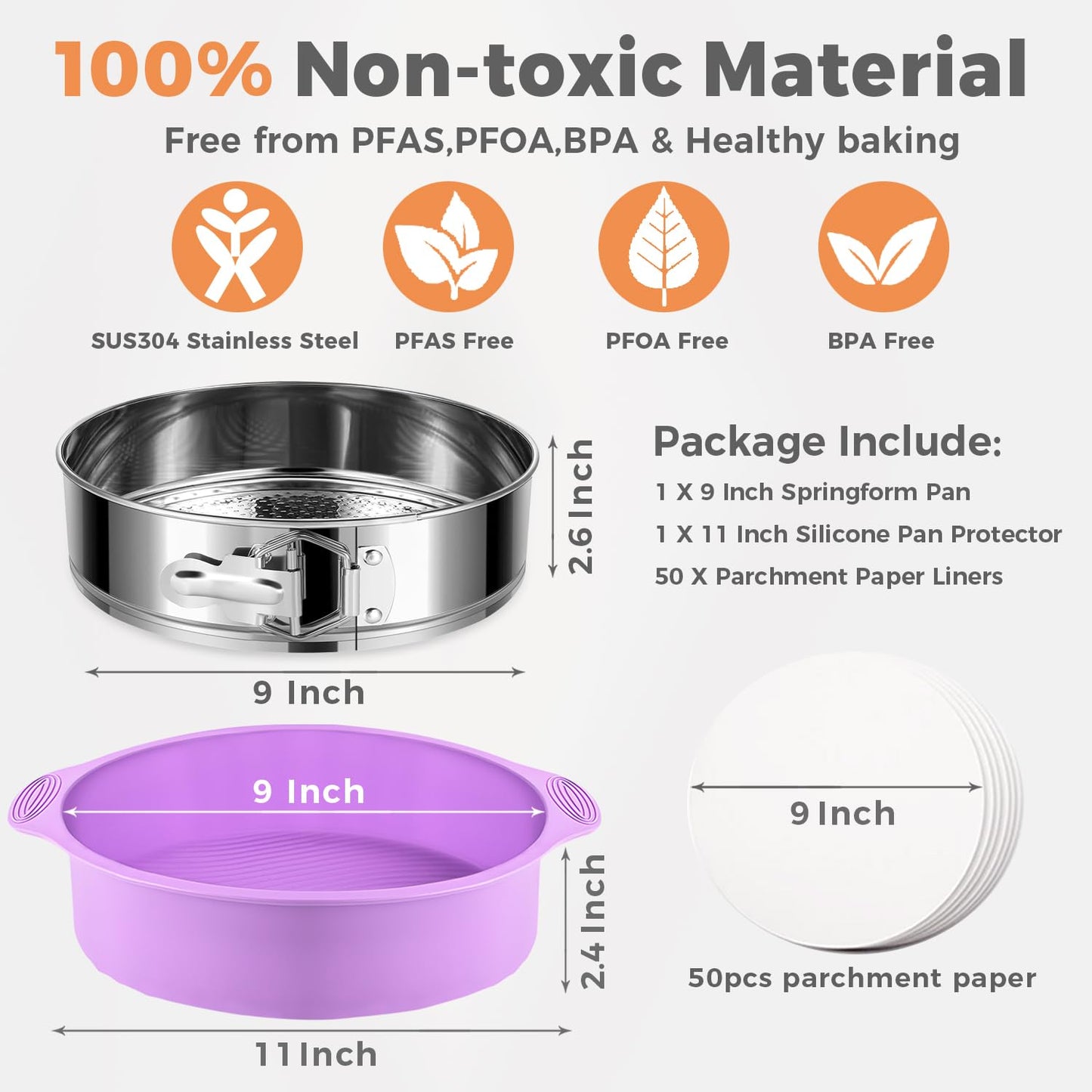 304 Stainless Steel Springform Pan 9 Inch Nonstick, Leakproof Cheesecake Pan with Removable Bottom, Spring Form Pan for Cheesecake with Protector, 9 Inch Springform Pan for Cheesecake with 50Pcs Paper