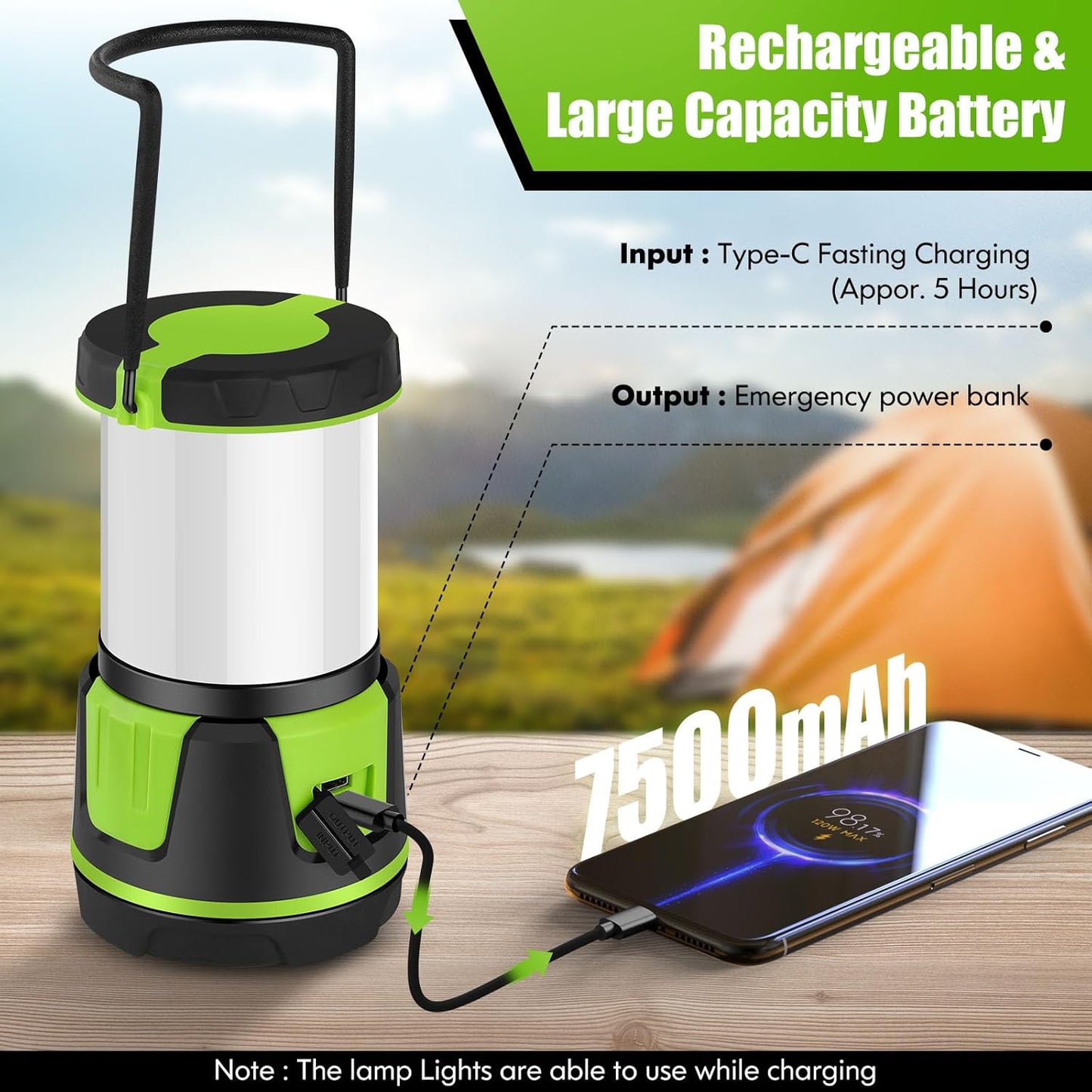 Rechargeable LED Lantern - 3000 Lumens, 5 Light Modes, IP54 Waterproof | Portable 7500mAh Flashlight for Camping & Emergencies (Green)