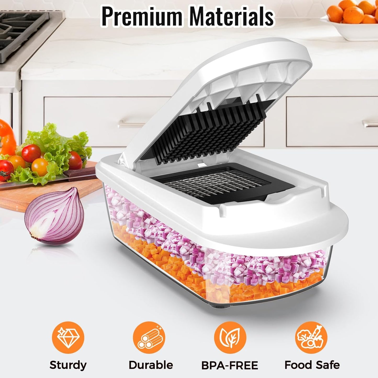 Skiennix 8-Blade Vegetable Chopper - All-in-One Mandoline Slicer with Container | White Kitchen Gadget