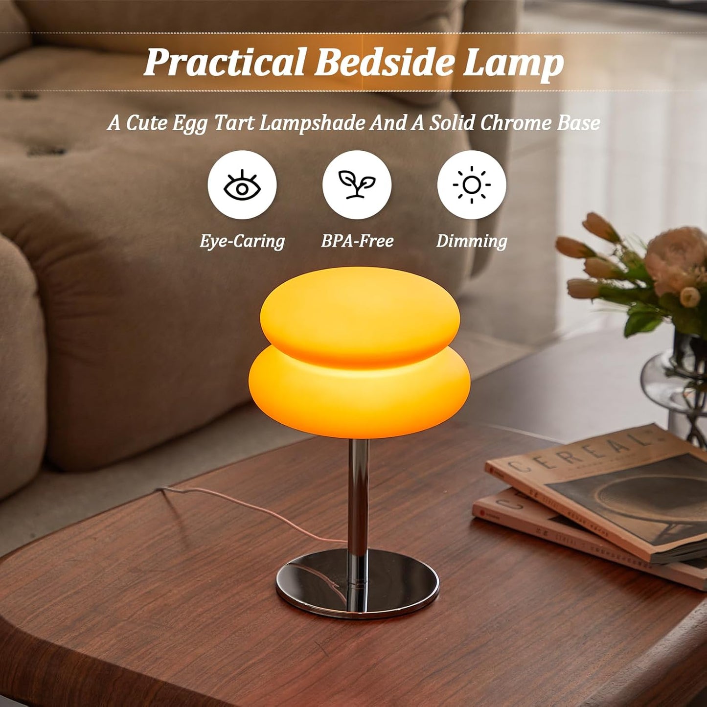 Skiennix Orange Mushroom Lamp - Dimmable Mid Century Modern Nightstand Light | Retro Egg Tart Design for Bedroom & Living Room Decor