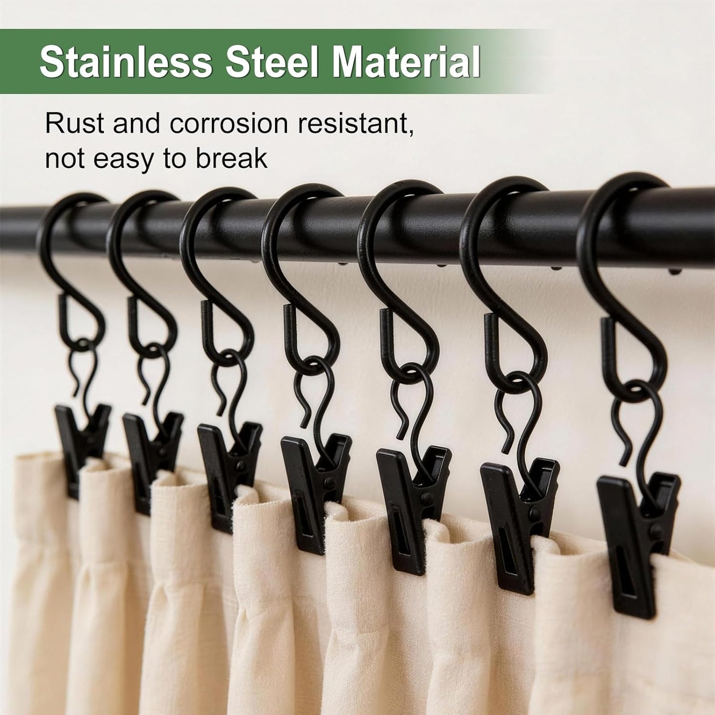 Skiennix S Hooks - 50 Pack Stainless Steel Curtain Hanging Clips - 2.4 Inch Metal Hooks for Photos & Decorations