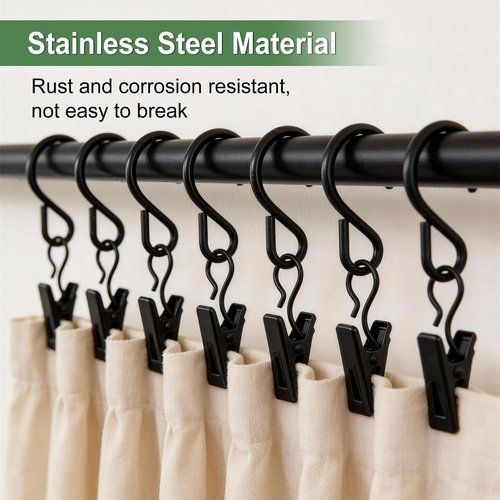 Bemaka 50 Pack S Hooks Curtain Hanging Clips, Stainless Steel Curtain Hooks 2.4 Inch Metal Clips Hook for Hanging Photo Christmas Party Lights Courtyard Decoration Art Craft