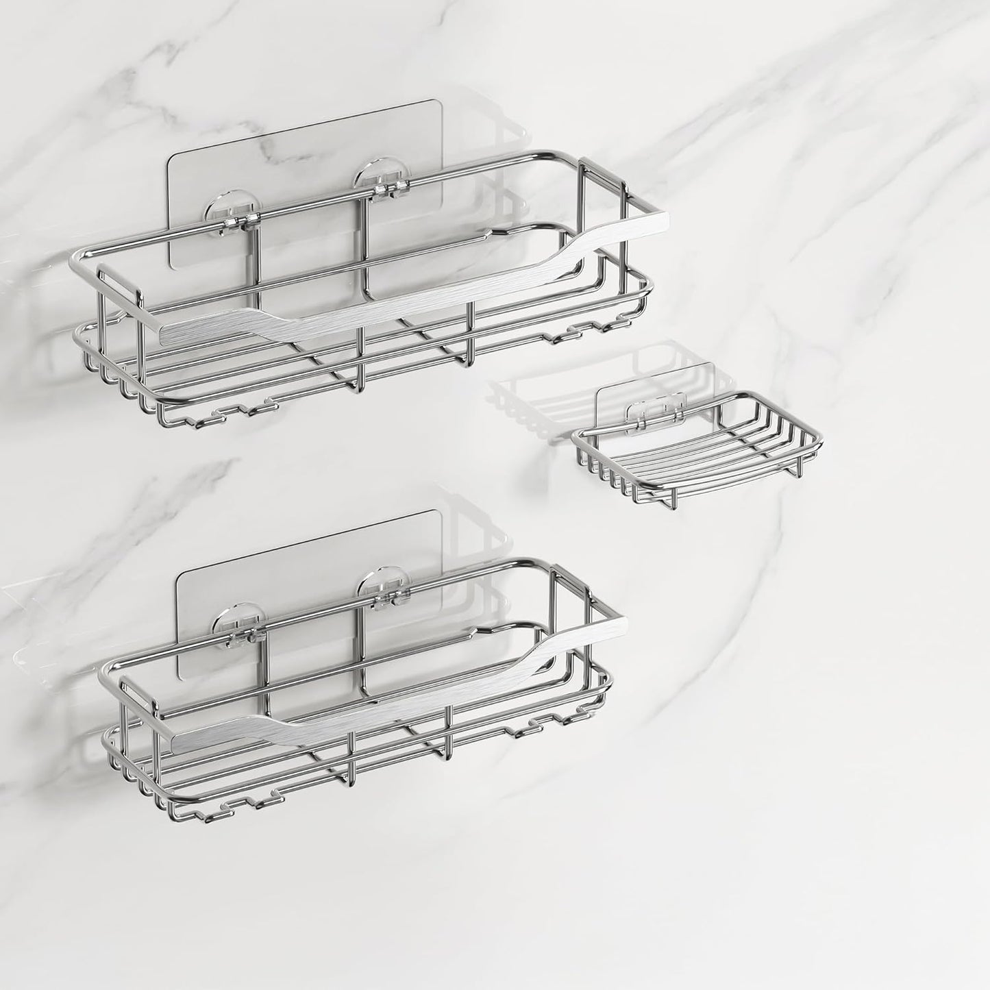 OMAIRA Shower Caddy 3-Pack - Adhesive Organizer with Soap Holder | Rustproof No-Drill Shelves, Silver