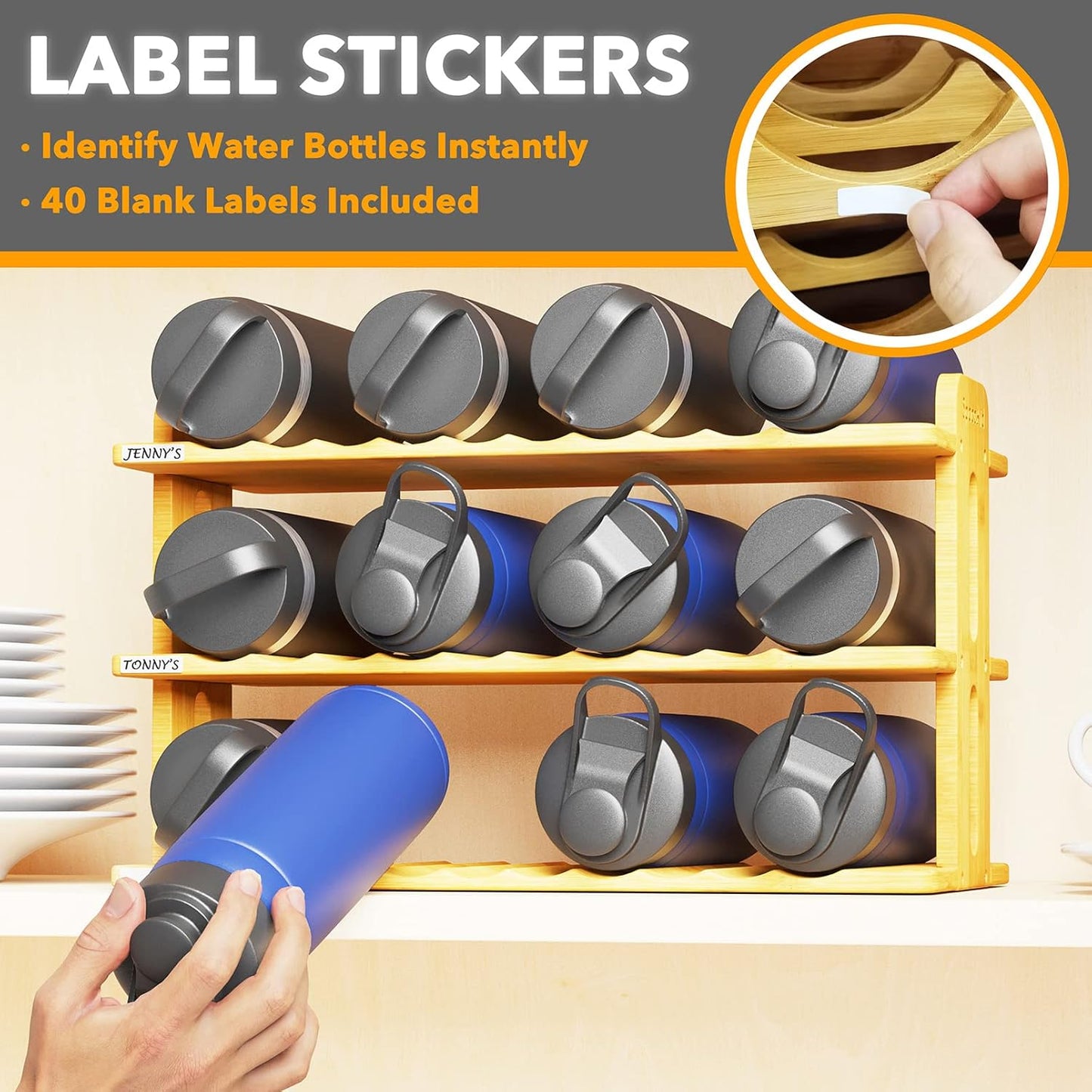 SpaceAid Bamboo Water Bottle Organizer - 3-Tier Kitchen Storage Rack for 12 Bottles | Stylish Labels Included