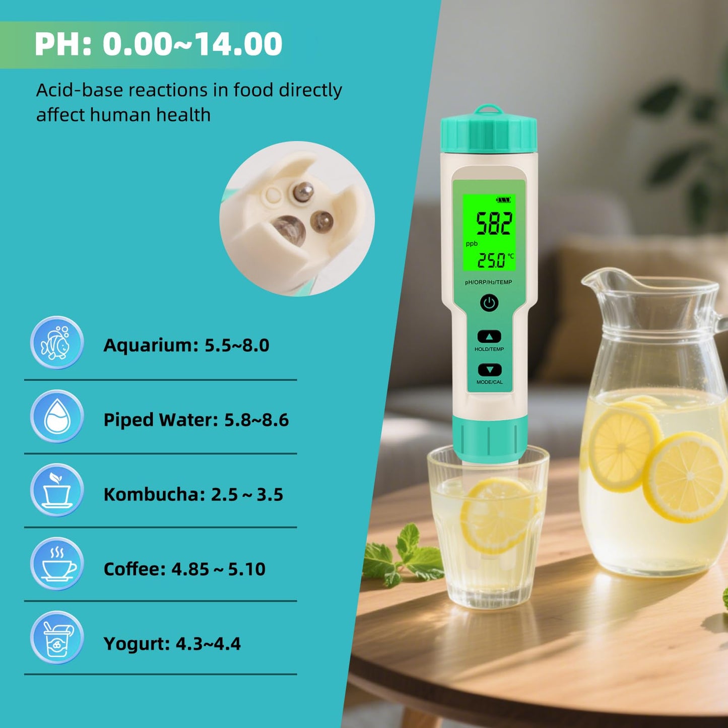 Terronix Hydrogen Water Tester, 4-in-1 pH H2 ORP Temp Meter, High Accuracy Hydrogen Tester for Water, Portable ORP Meter for Drinking Water, Aquarium, Hydrogen Water Bottle, Home and Lab Use, Pool