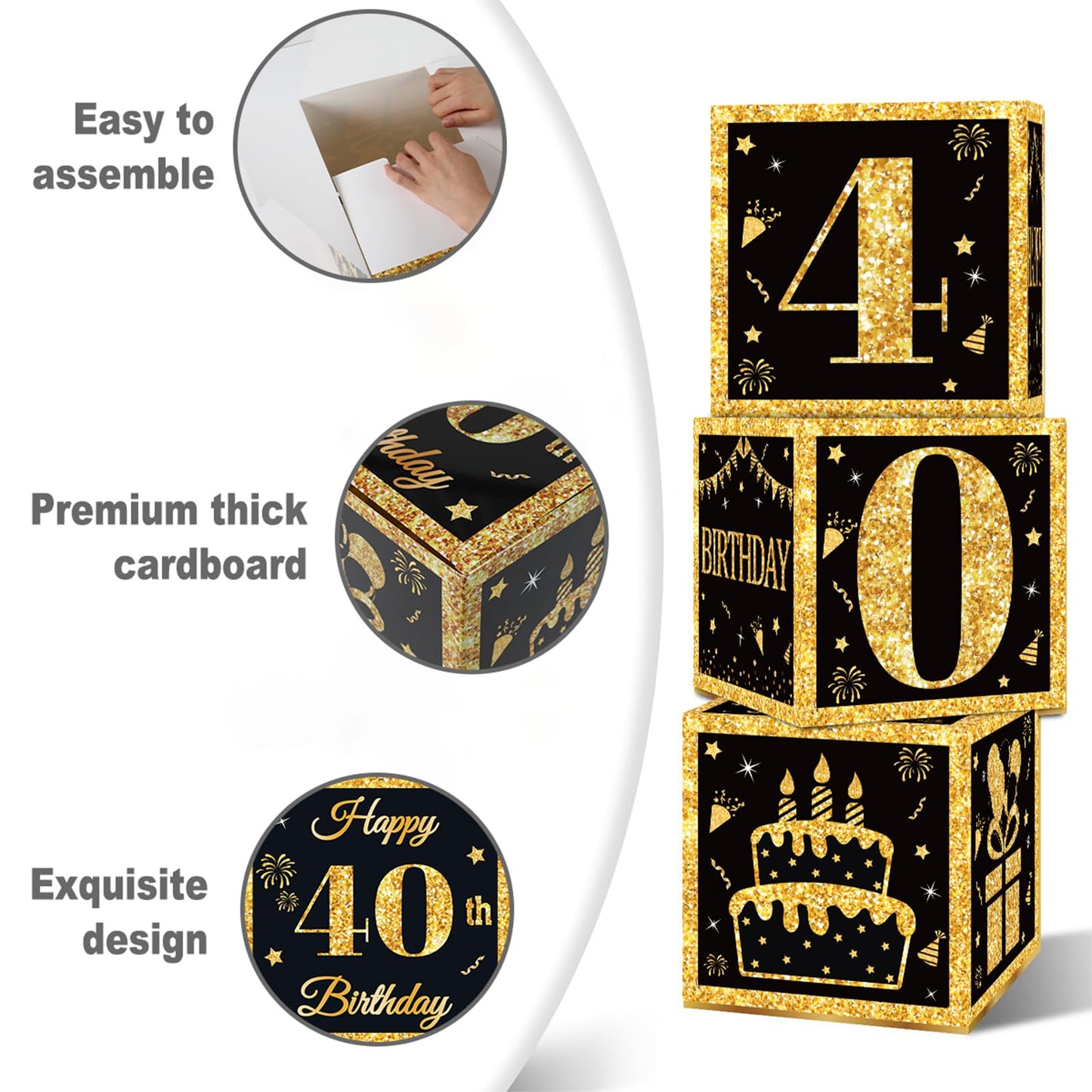 40th Birthday Decorations Boxes for Men- 3PCS Black Gold Happy 40th Birthday Balloons Boxes, 40 Year Old Party Supplies for Men Women