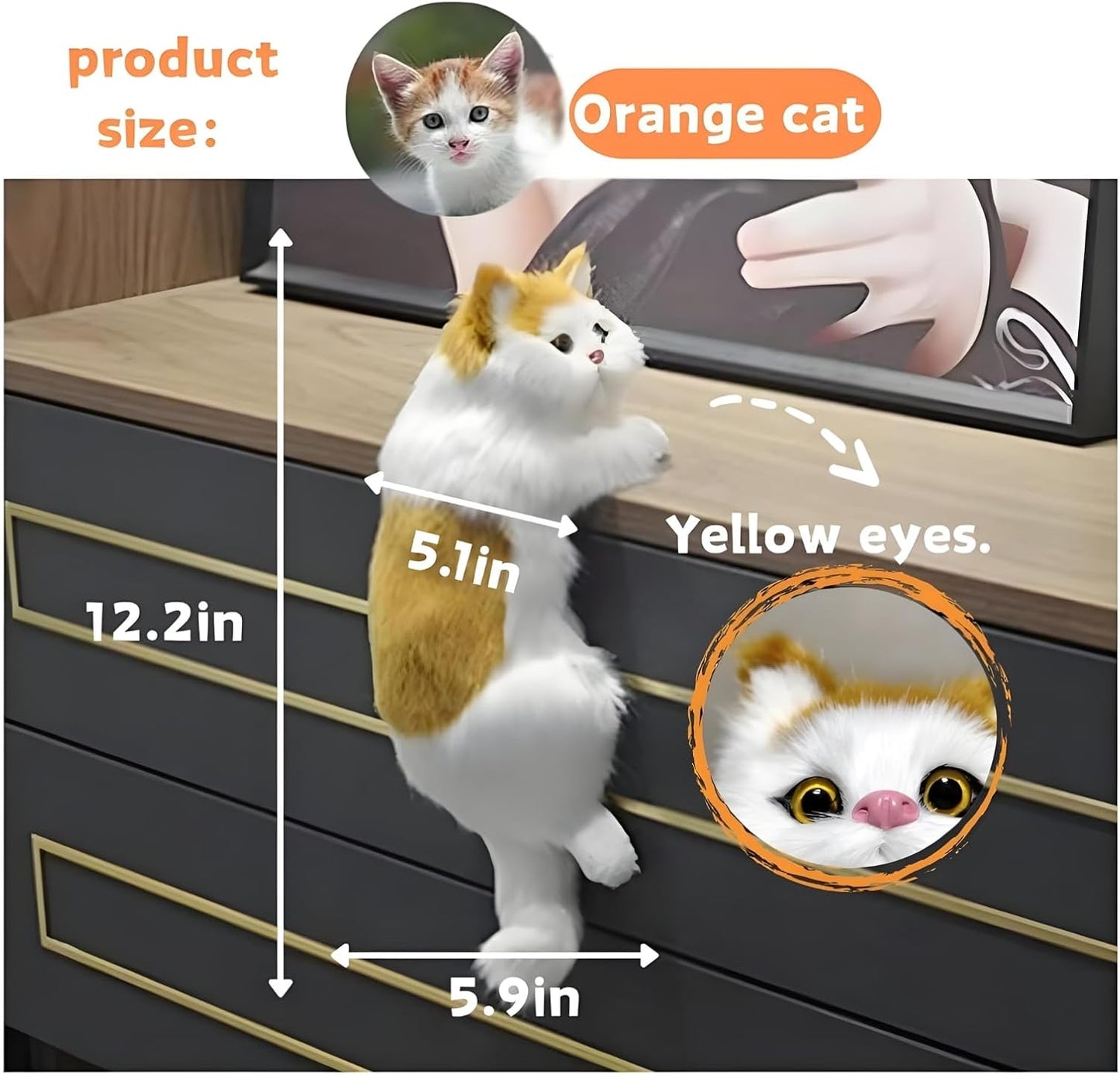 Skiennix Realistic Furry Kitty Figurine - Handmade Plush Cat Statue for Home & Office Decor (Orange)