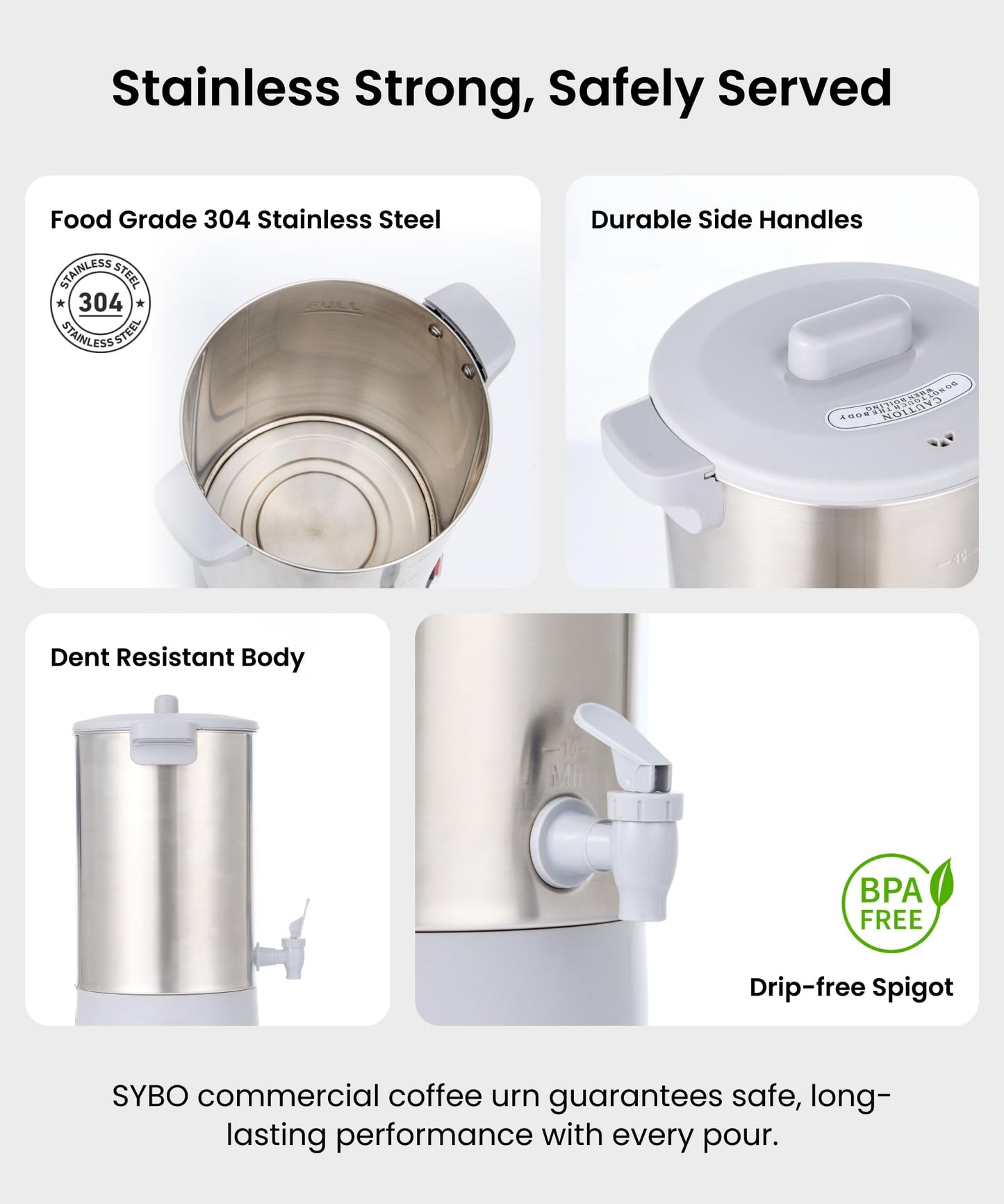 SYBO 45 Cup Coffee Urn, Commercial Grade Stainless Steel Percolate Coffee Maker, Removable Filter, Easy to Clean, Hot Water Urn for Catering, Hot Beverage Dispenser with Cool-Touch Handles, 6L, Grey