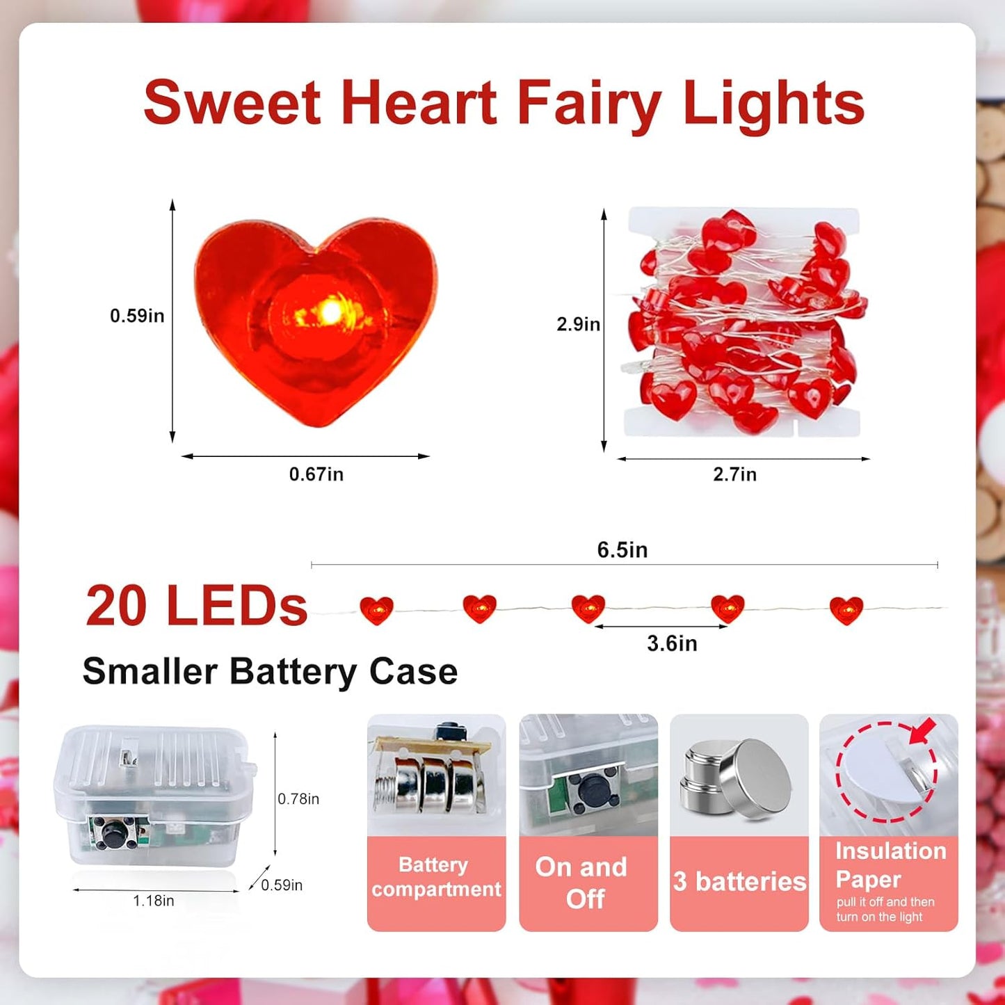 Skiennix Red Heart Fairy Lights - 7Ft 20 LED Twinkle String Lights | Battery Operated & Waterproof for Valentine's Day, Weddings & Parties - 2 Pack