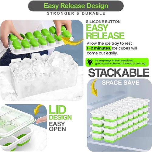 56pcs Ice Cube Tray with Lid and Bin – Stackable 4 Trays Silicone Plastic Freezer Mold, Large Ice Bucket with Scoop, Tong & 2 SS Straws – Easy Release Ice Maker for Cocktail, Coffee, RV, Whiskey