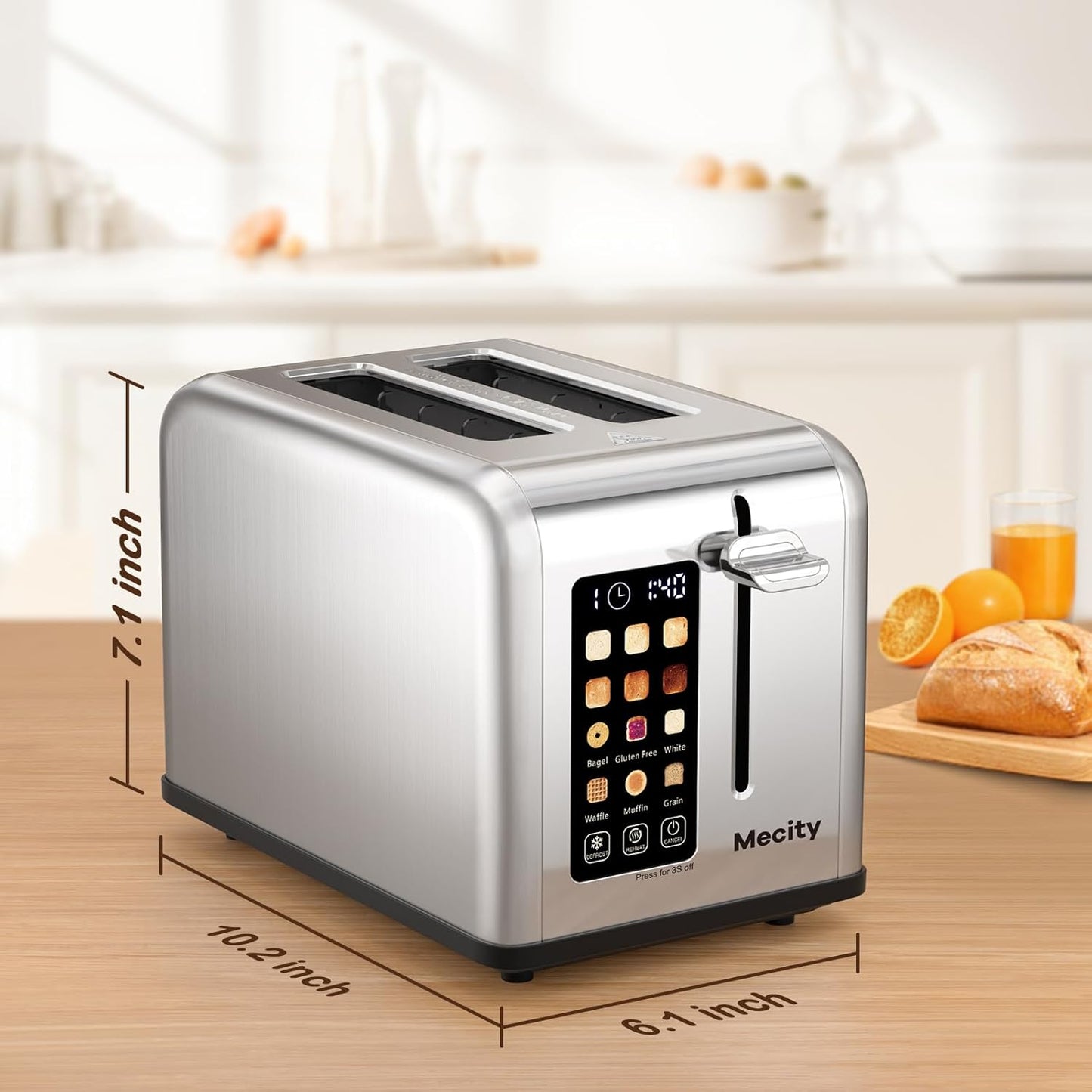 Mecity 2-Slice Stainless Steel Toaster - Touch Screen, 1.5" Wide Slots, Timer & Defrost Function