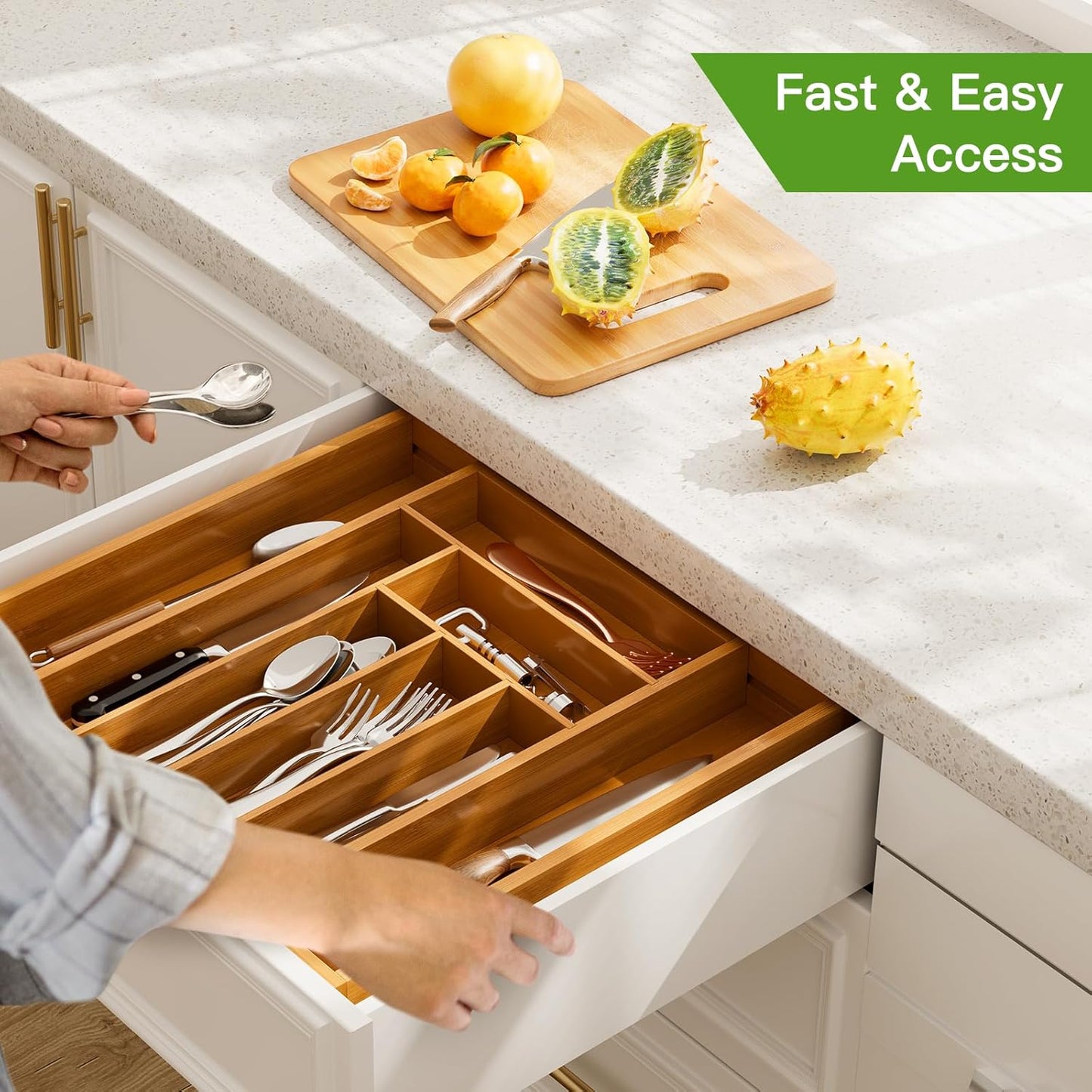 Pipishell Bamboo Expandable Drawer Organizer - Adjustable Utensil Holder for Kitchen & Home | Brown