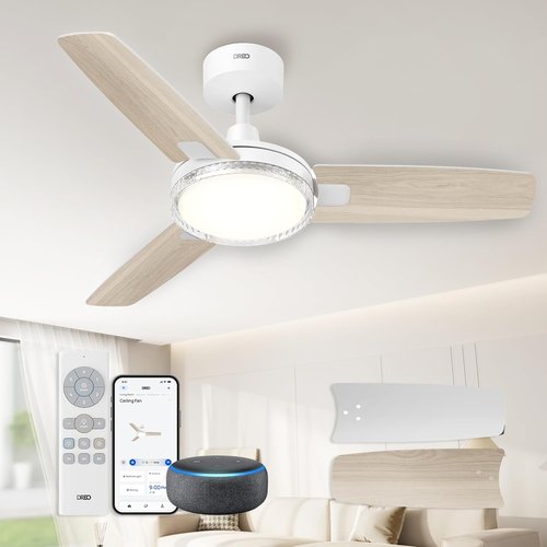 DREO Smart Ceiling Fan - 42 Inch White Fan with Dimmable LED Light & 12 Speeds | Quiet DC Motor, Remote Control