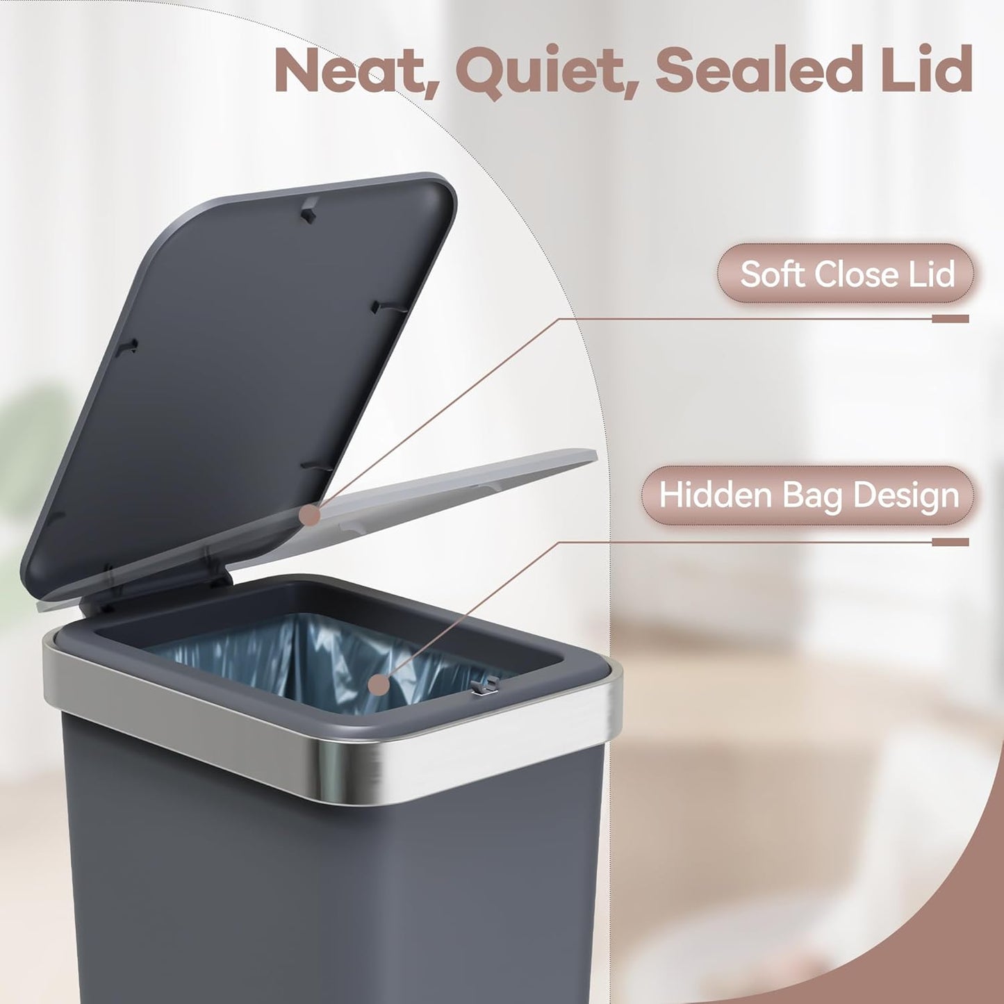 Skiennix Small Bathroom Trash Can - Soft Close Lid, 10L Slim Metal Waste Basket | Dark Gray