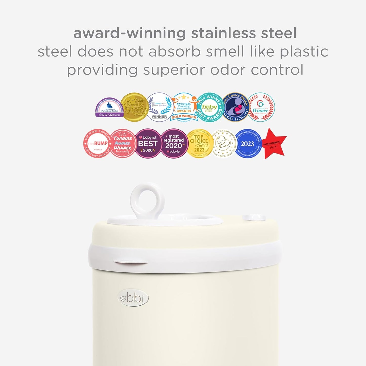 Ubbi Stainless Steel Diaper Pail - Odor Locking Design, No Special Bags Needed | Award-Winning Matte Ivory