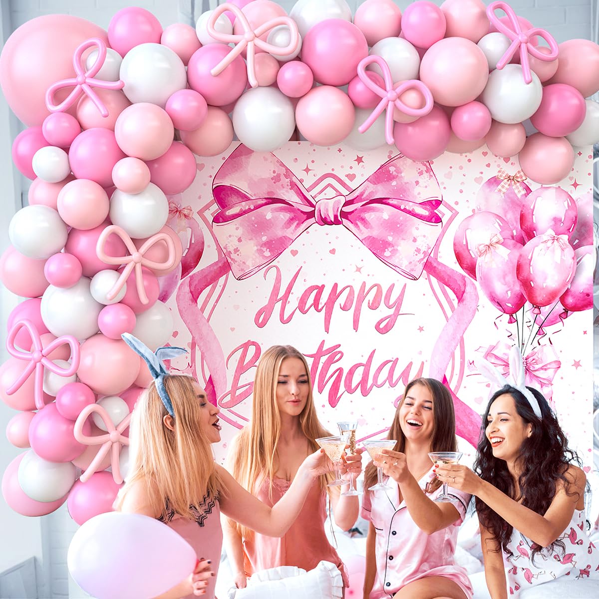 Jumpama 146Pcs Pink Bow Birthday Decorations Coquette Birthday Party Decorations Pink Bow Backdrop Coquette Banner and Balloons for Girls Women Baby Shower Bachelorette Party Supplies