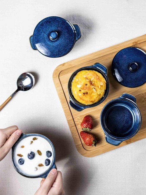 Henten Home Ceramic Ramekins - 8 oz Mini Cocotte Set of 4 with Lid & Handle | Deep Blue Casserole Dishes