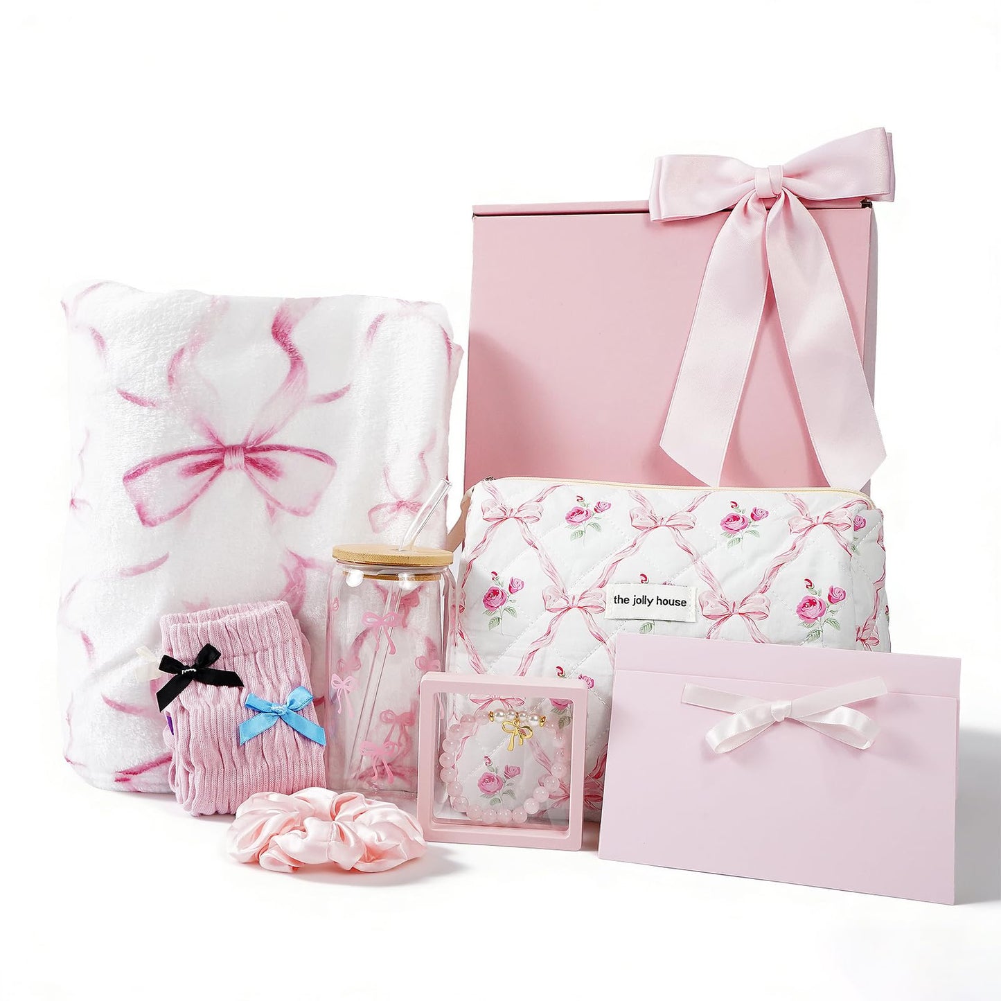 Uiozmoa 9 Pcs Coquette Pink Bow Gift Set, Birthday Basket for Girls Graduation Gift Set for Women White Blanket with Bows to Teen Girly Sister Friend (Pink)