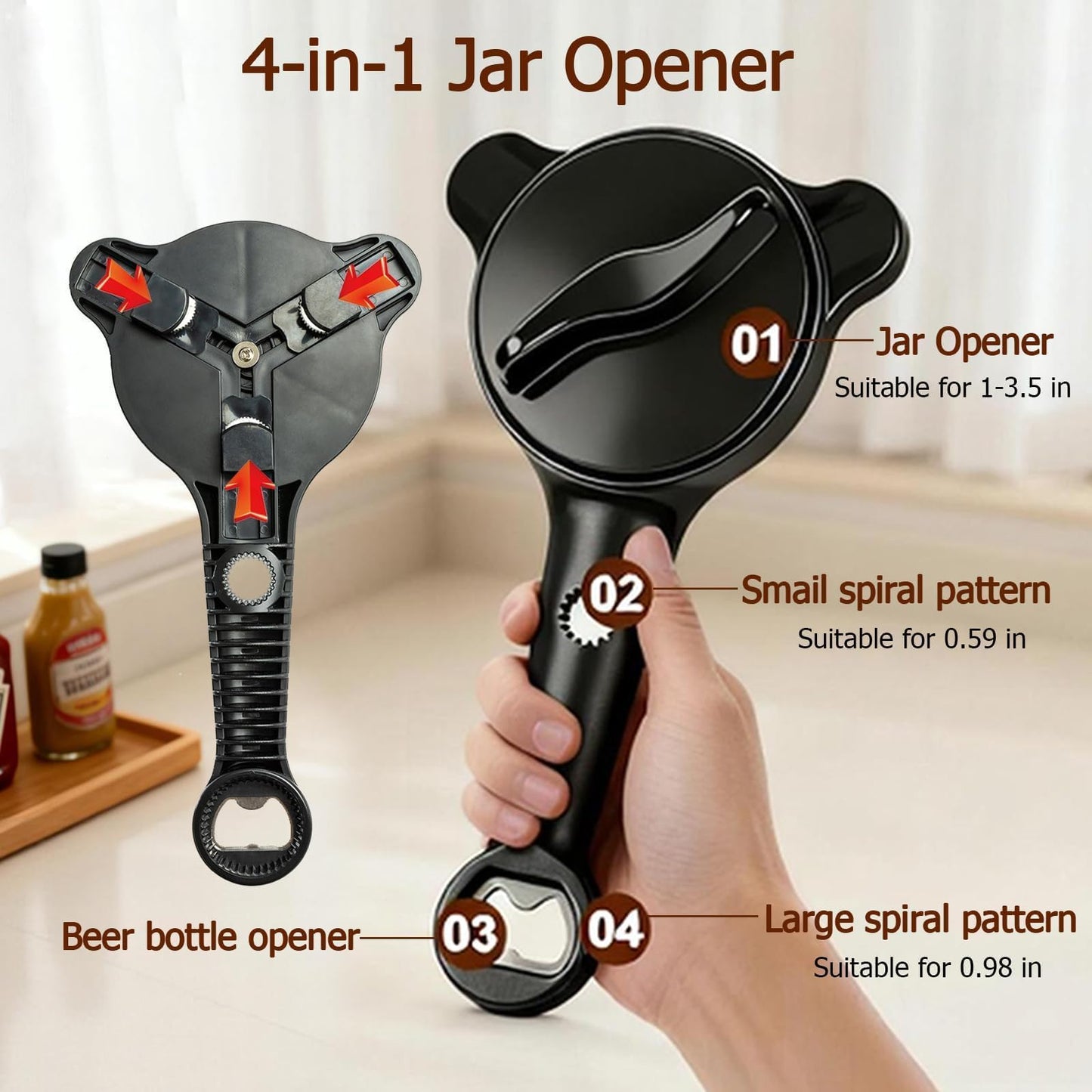 Ruydiwale 4-in-1 Jar Opener, Adjustable Jar Opener for Seniors, Kitchen Tool Designed Specifically for Seniors and Those with Limited Physical Strength, Suitable For Beer, Salad Dressing, Jar (Black)