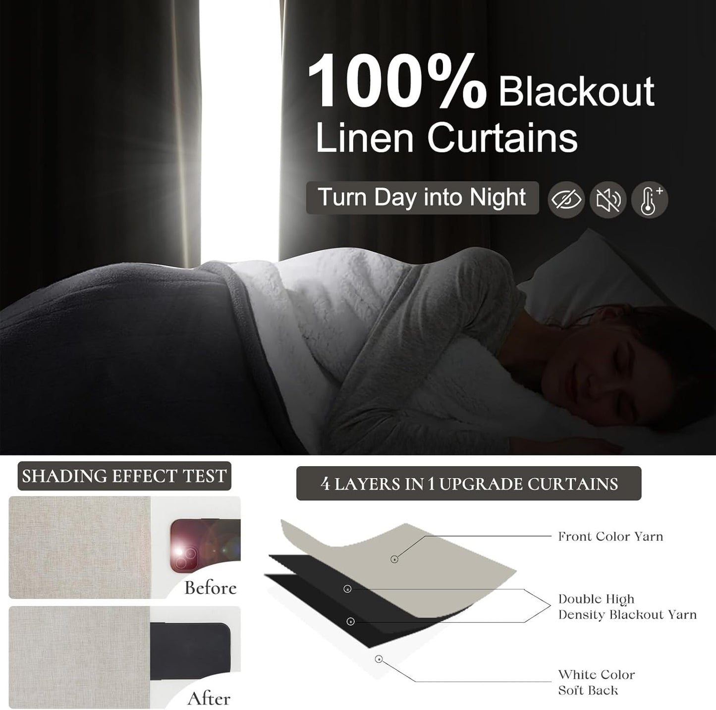 Skiennix Natural Linen Blackout Curtains - 96 Inch Long Thermal Insulated Drapes | 2 Panel Set in Neutral