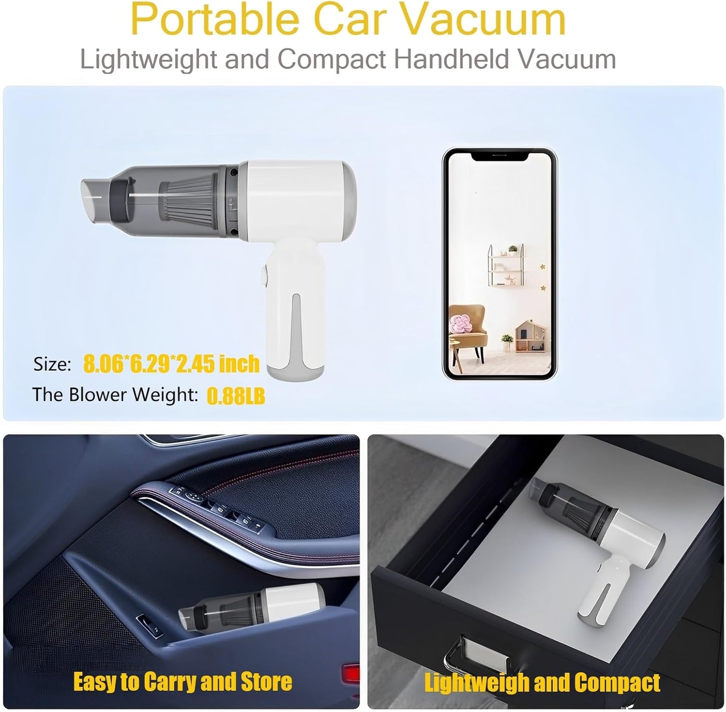 Skiennix Mini Cordless Car Vacuum - High Power 9000PA Suction | Portable 3-in-1 Handheld Cleaner & Air Blower