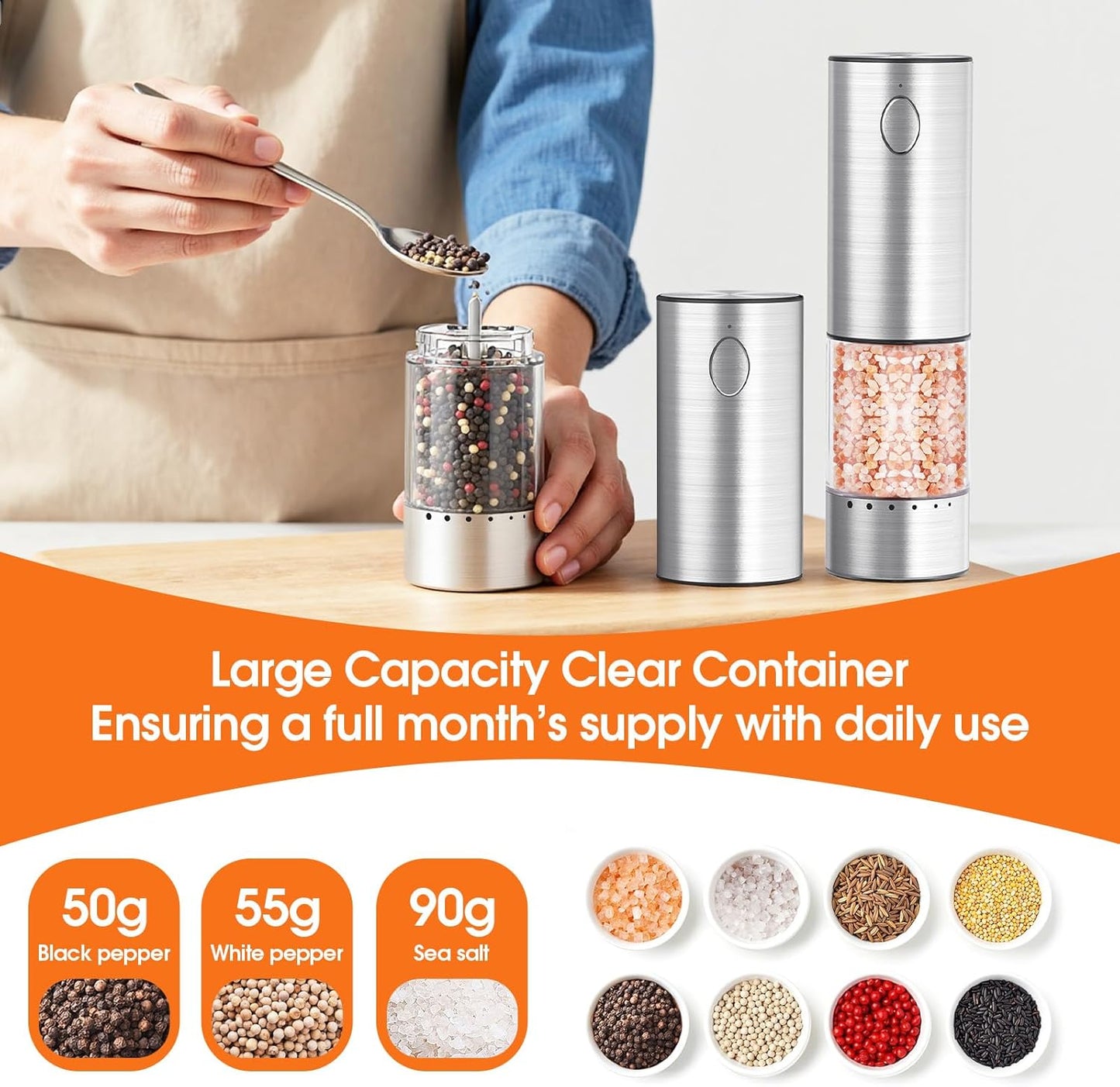 WOWBOX Electric Salt and Pepper Grinder Set - 2 PCS Stainless Steel, Rechargeable with 95L Capacity