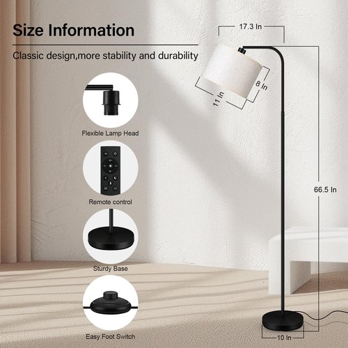 Dimmable Floor Lamp for Living Room,Arc Sofa Lamps with Remote Control,Stepless Dimmable Brightness & Colors Temperature 2700k-6500k,67 In,Tall Flexible Standing Lamp for Bedroom Study Room Office