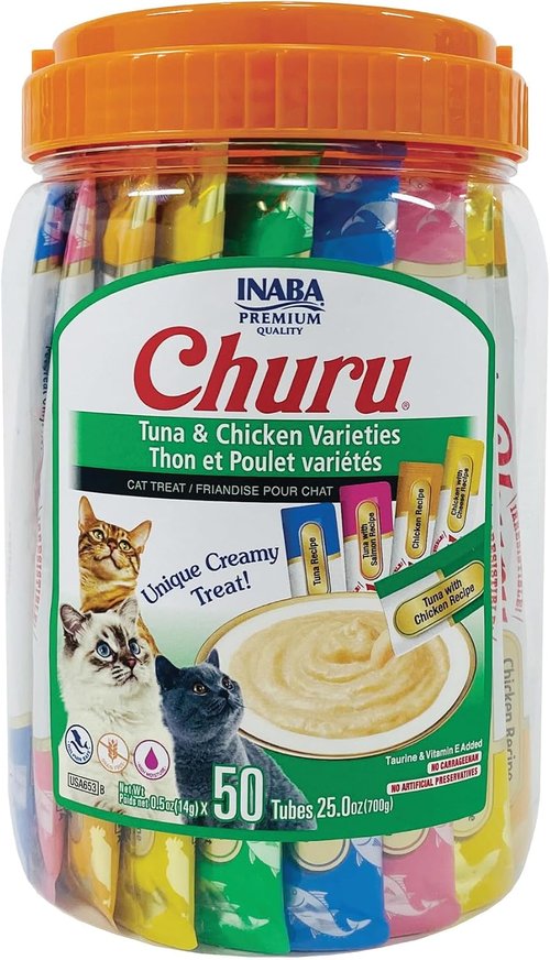 INABA Churu Cat Treats - Grain-Free Lickable Creamy Purée with Vitamin E & Taurine | Tuna & Chicken, 50 Tubes