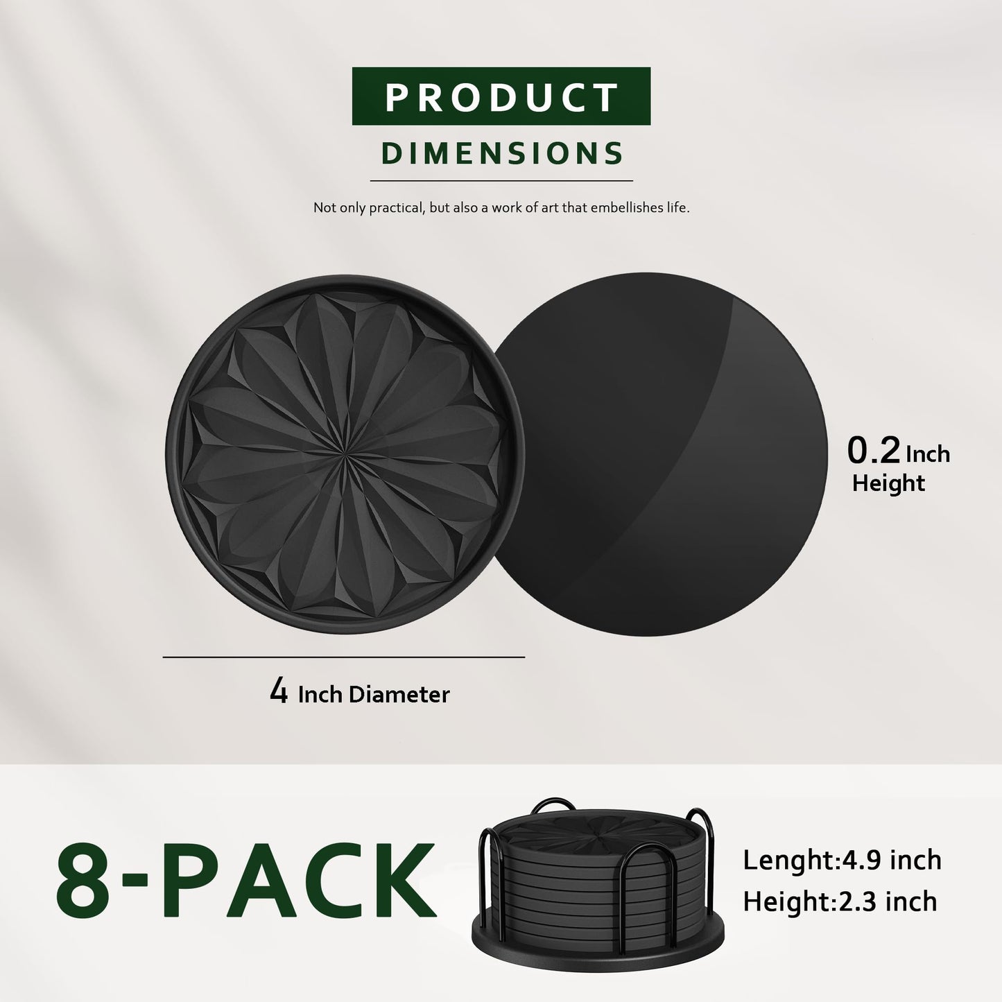 Lazebox Coasters Set of 8 for Drinks with Holder, 4" Large Silicone Coasters for Coffee Table, Deep Tray Non-Slip Drink Coasters for Table Protection, Heat Resistant & Dishwasher Safe, Black