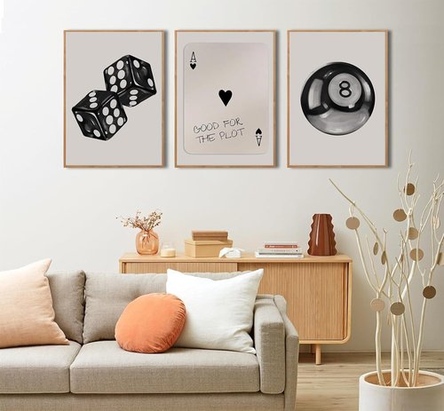BOKPEN Black and White Poker Dice Wall Art - Retro Y2K Canvas Prints for Game Room | 12x16in Unframed