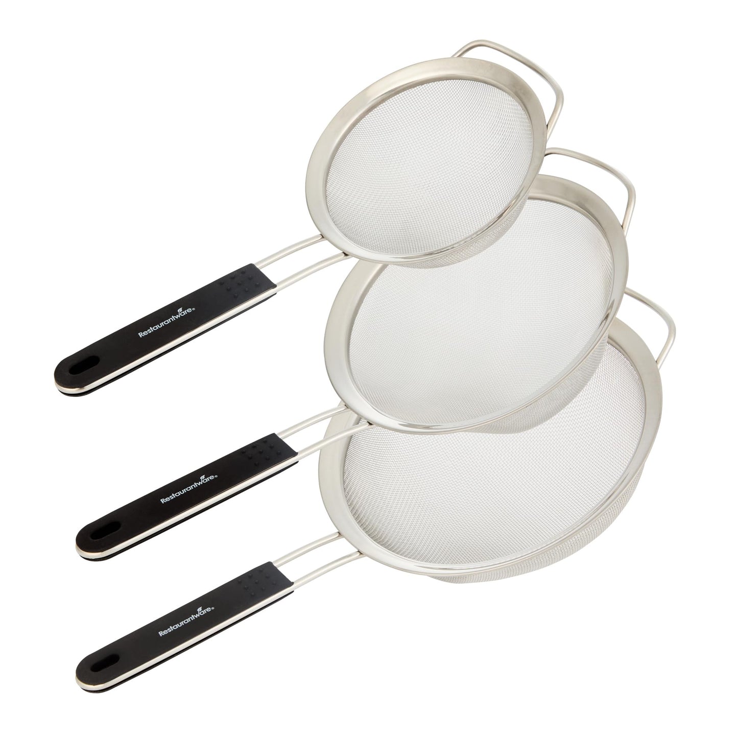 Restaurantware Fine Mesh Strainer Set of 3 Different Sizes with Silicone Handle Stainless Steel Extra Fine Mesh Strainer Heat-Resistant Handle Dishwasher-Safe for Rice, Quinoa, Pasta