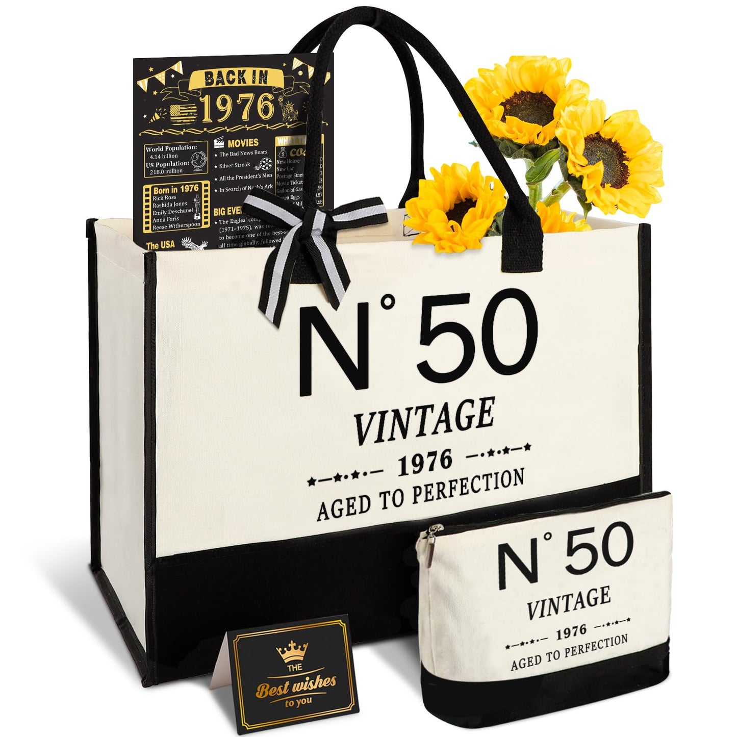 YeohJoy 50th Birthday Gifts for Women Canvas Tote Bag Travel Gear, Unique 50 Years Old Gifts for Wife Sister Mom Aunt Friends Her, Vintage N°50 Beach Bag & Cosmetic Bag & Back in 1976 Poster