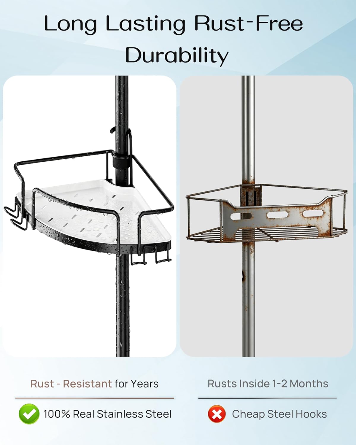 ALLZONE Corner Shower Caddy - Rustproof Tension Pole with 4 Adjustable Baskets & Extra Hooks | Fits 34–116 Inch, Black/White