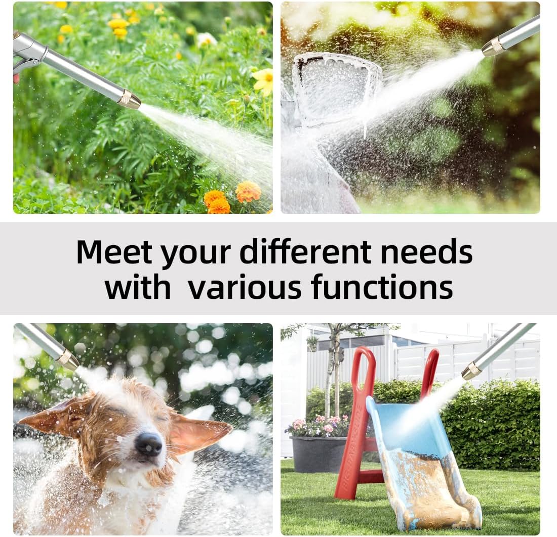 Skiennix Garden Hose Nozzle - Heavy Duty Metal Sprayer with 4 Patterns & 360° Rotation for Lawns & Plants