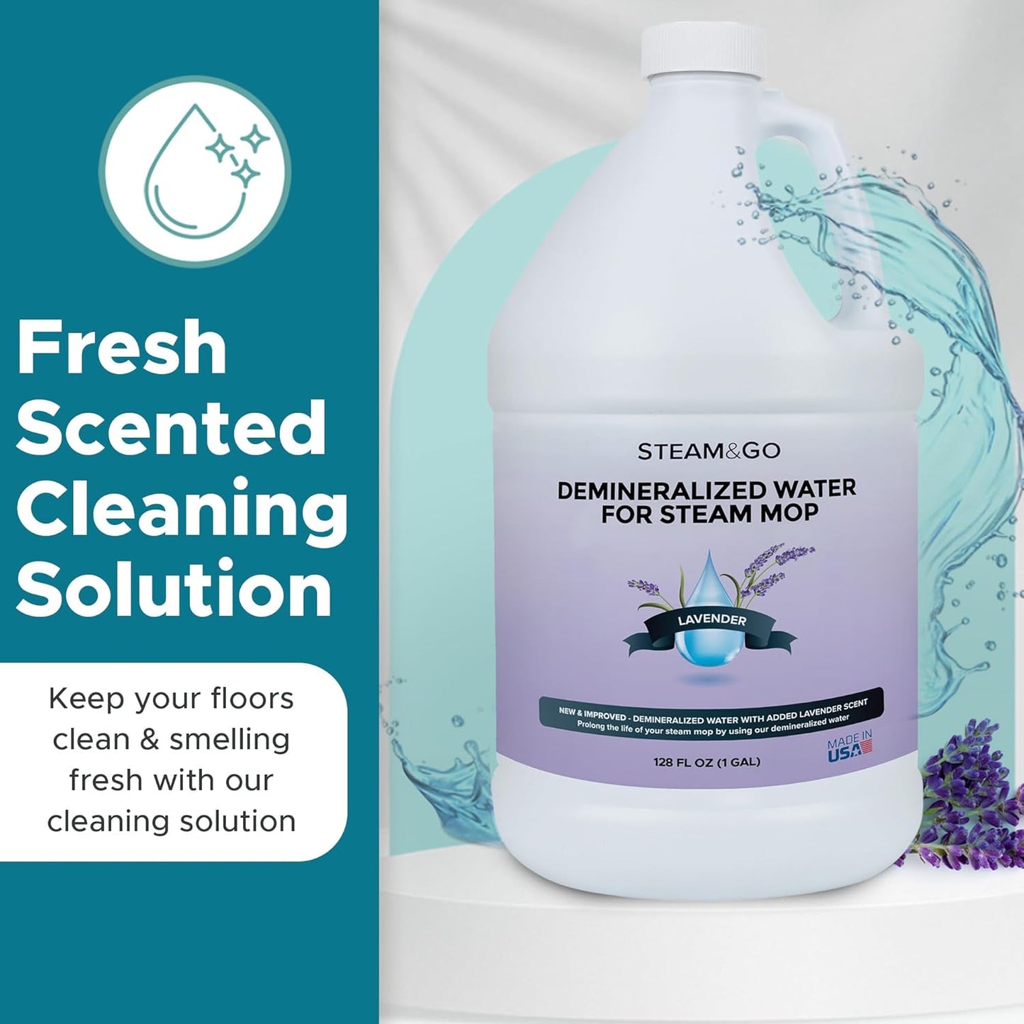 Steam & Go Demineralized Water | PVC-Free Steam Cleaner Solution for All Mops - Lavender Scent, 128 Fl Oz