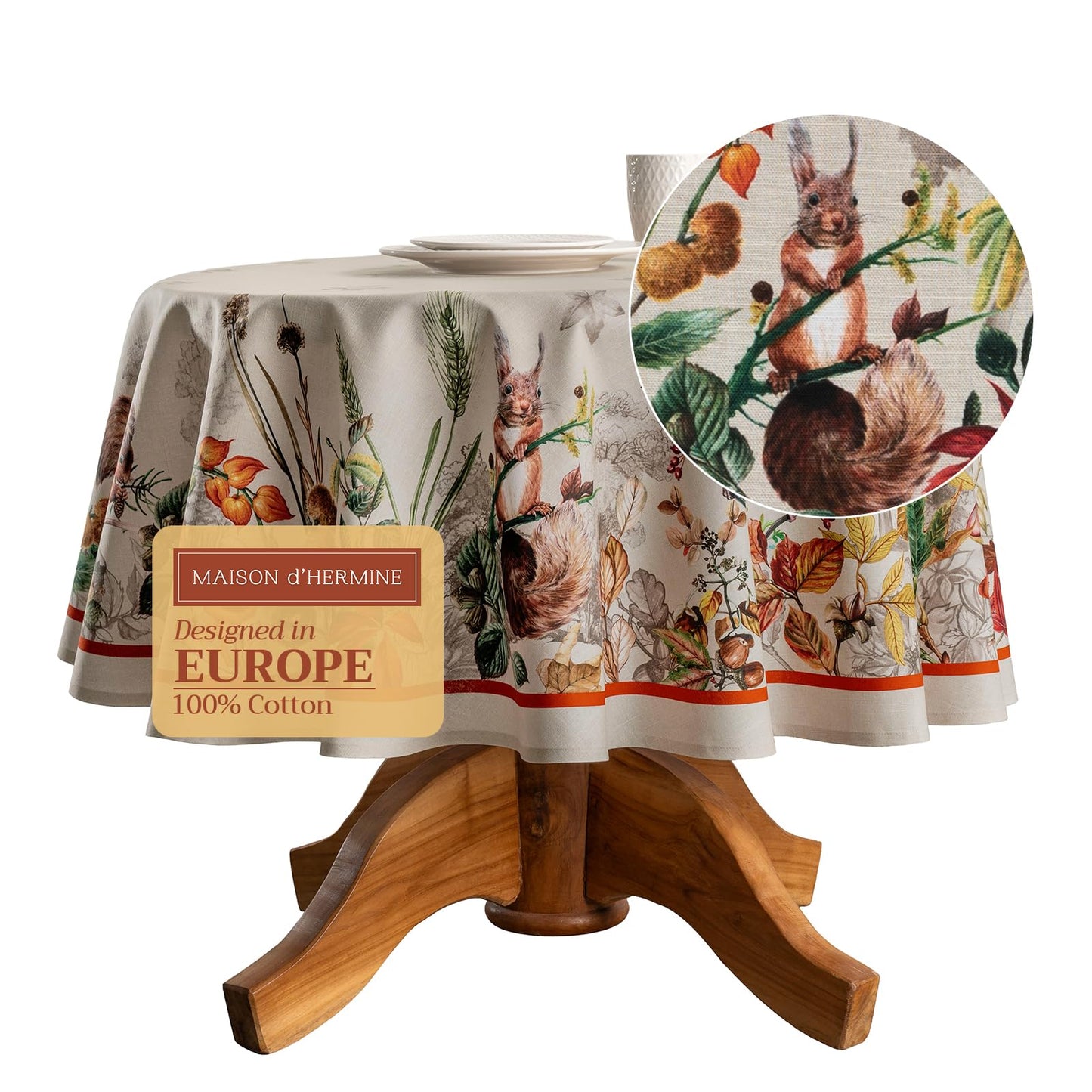 Maison d' Hermine Table Cloth Round Table 100% Cotton 63 Inches Fall Tablecloth Reusable Everyday Use for Thanksgiving Christmas Decorations Dining Farmhouse Party (Recolte)