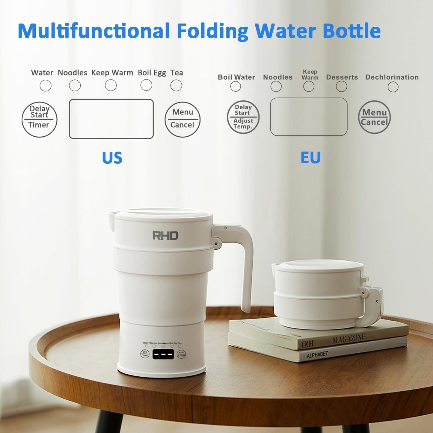 Travel Foldable Electric Kettle, 700ML Hot Water Kettle with Multifunctional Panel, Collapsible Small Boiling Water Kettle with Keep Warm & Delay Start, BPA-Free, 600W, 304 Stainless Steel, White