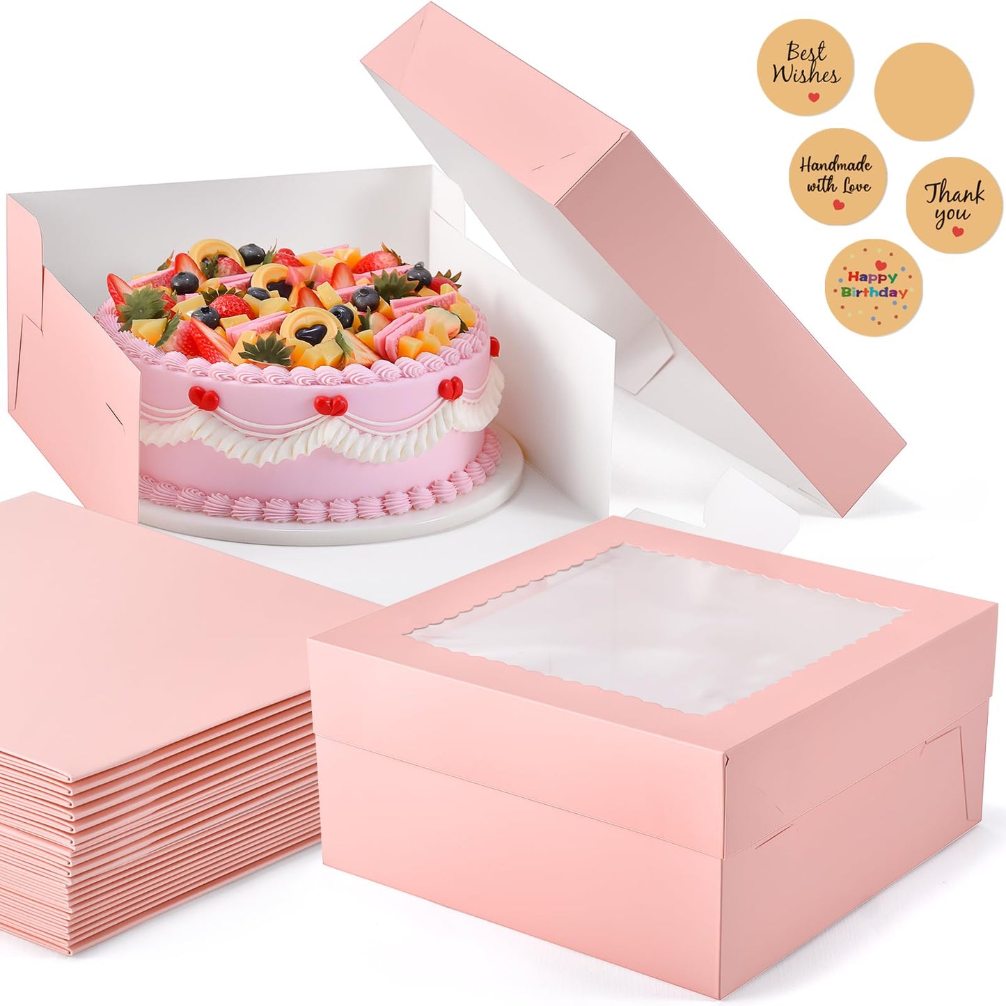 DOYIDE 12Pcs Cake Boxes, 12x12x6 Inches Pink Bakery Boxes with Window, Large Disposable Cake Carrier Container for Pastries, Pie, Cookies, Chocolates, Cupcakes Dessert Boxes