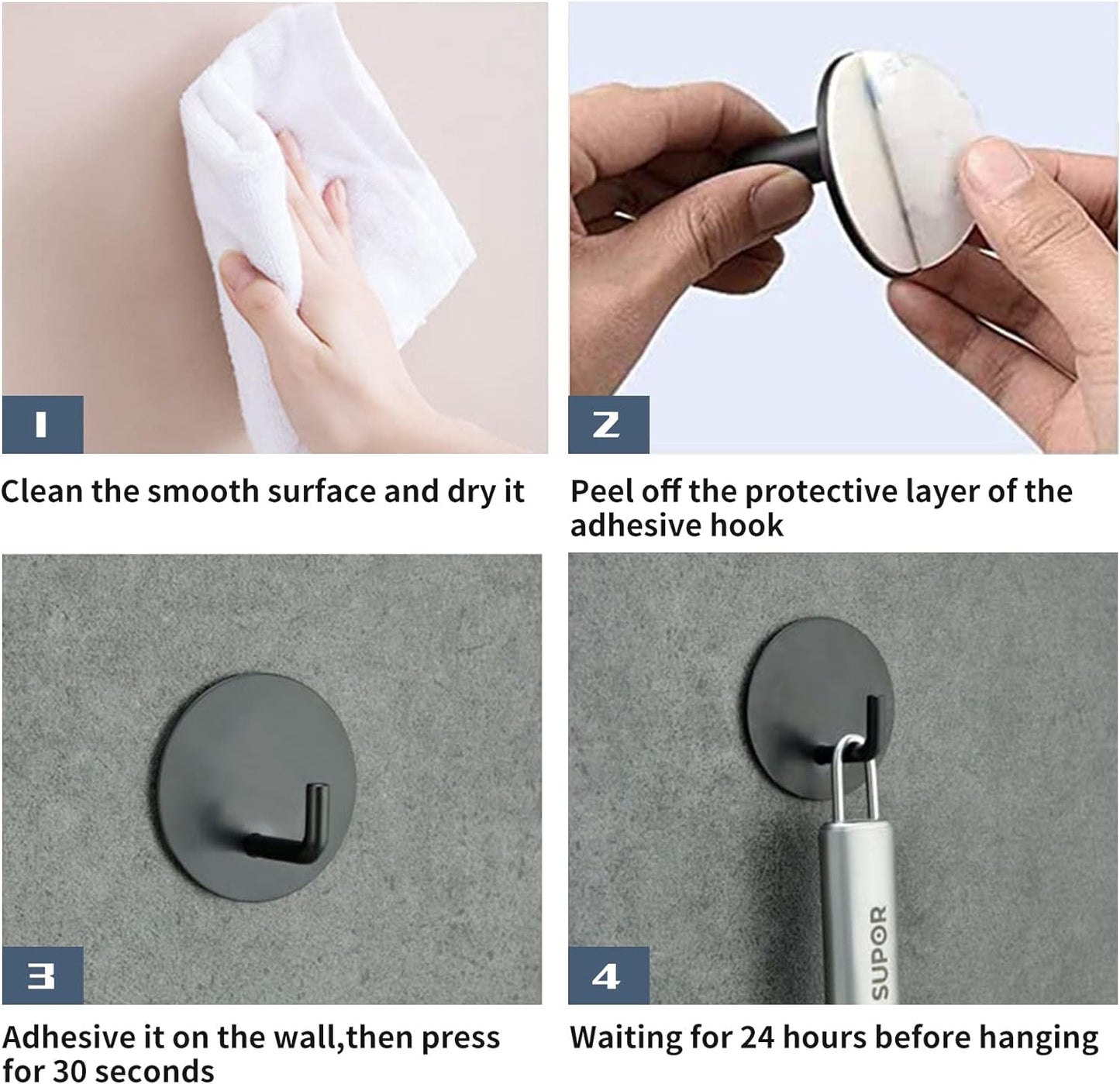 Rise Age Heavy Duty Adhesive Hooks - Waterproof Shower Hooks for Loofahs, Towels & Robes | 4 Pack, Black Stainless Steel