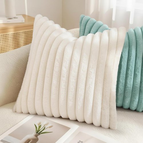 decorUhome Faux Fur Throw Pillow Covers - Cozy 18x18 Set of 2 | Soft Plush Striped Modern Farmhouse in Cream White