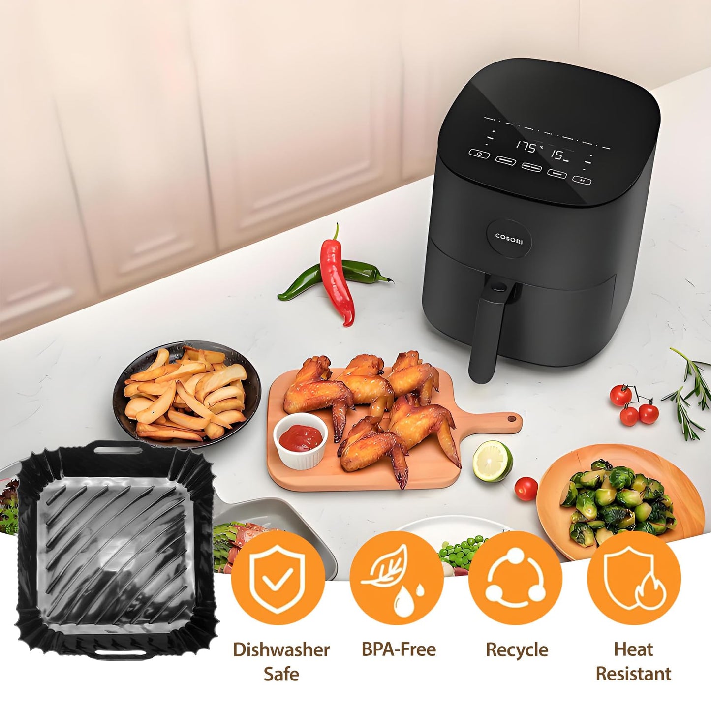 Silicone Air Fryer Liner Accessories for COSORI TurboBlaze 6Qt Air Fryer 9-in-1, Compact & Large 6-Qt, Fast Turbo Modes, Dishwasher Safe Airfryer Accessories Silicone Liners for CAF-DC601