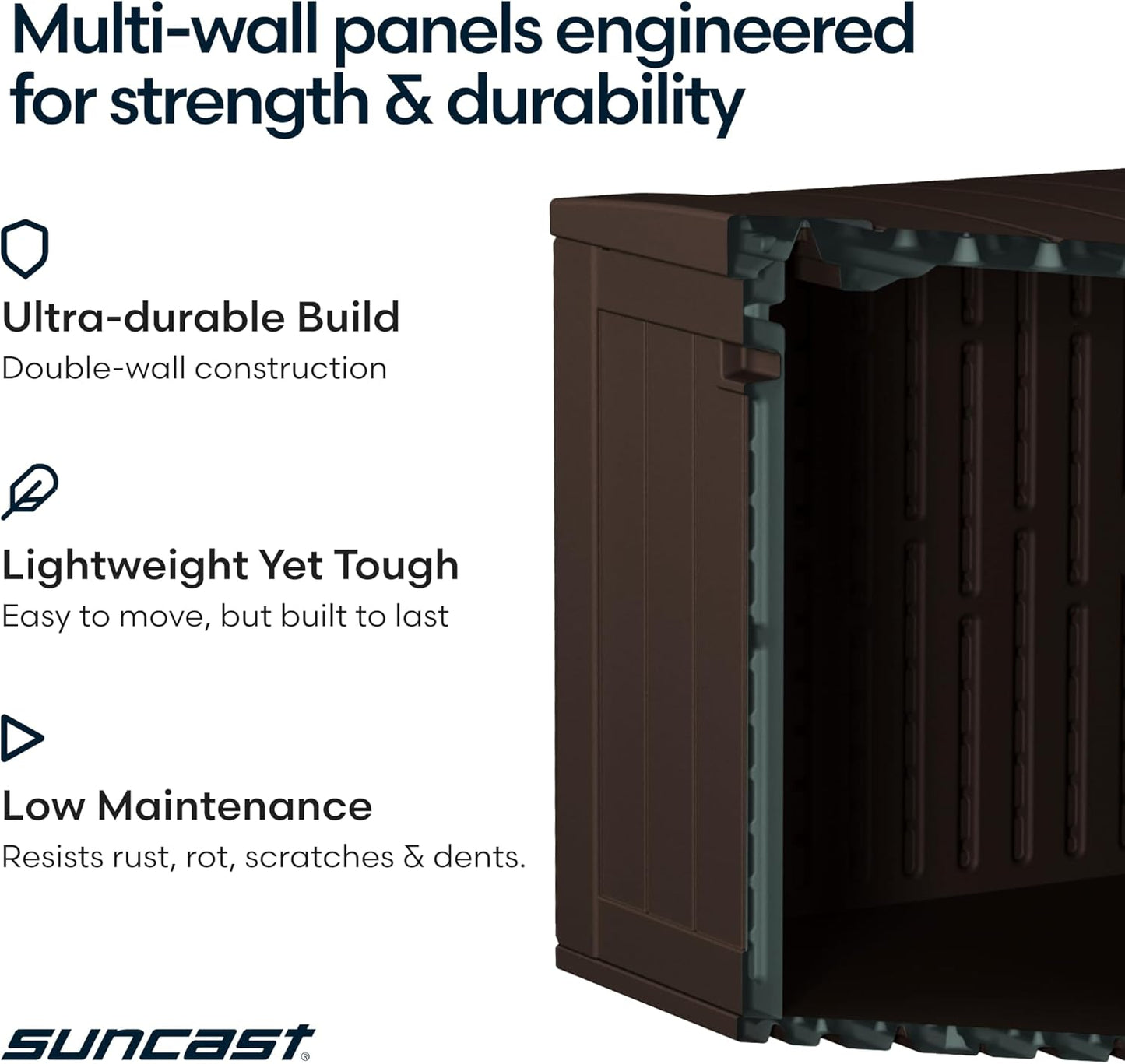 Suncast 80-Gal. Resin Outdoor Patio Deck Box - Modern Storage Solution for Cushions & Garden Tools, Java
