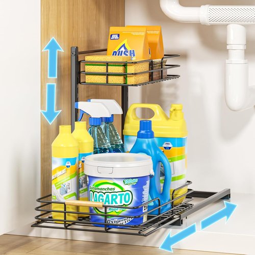 Delamu Under Sink Organizer - Height Adjustable Slide-Out Storage Shelf for Kitchen & Bathroom Cabinets