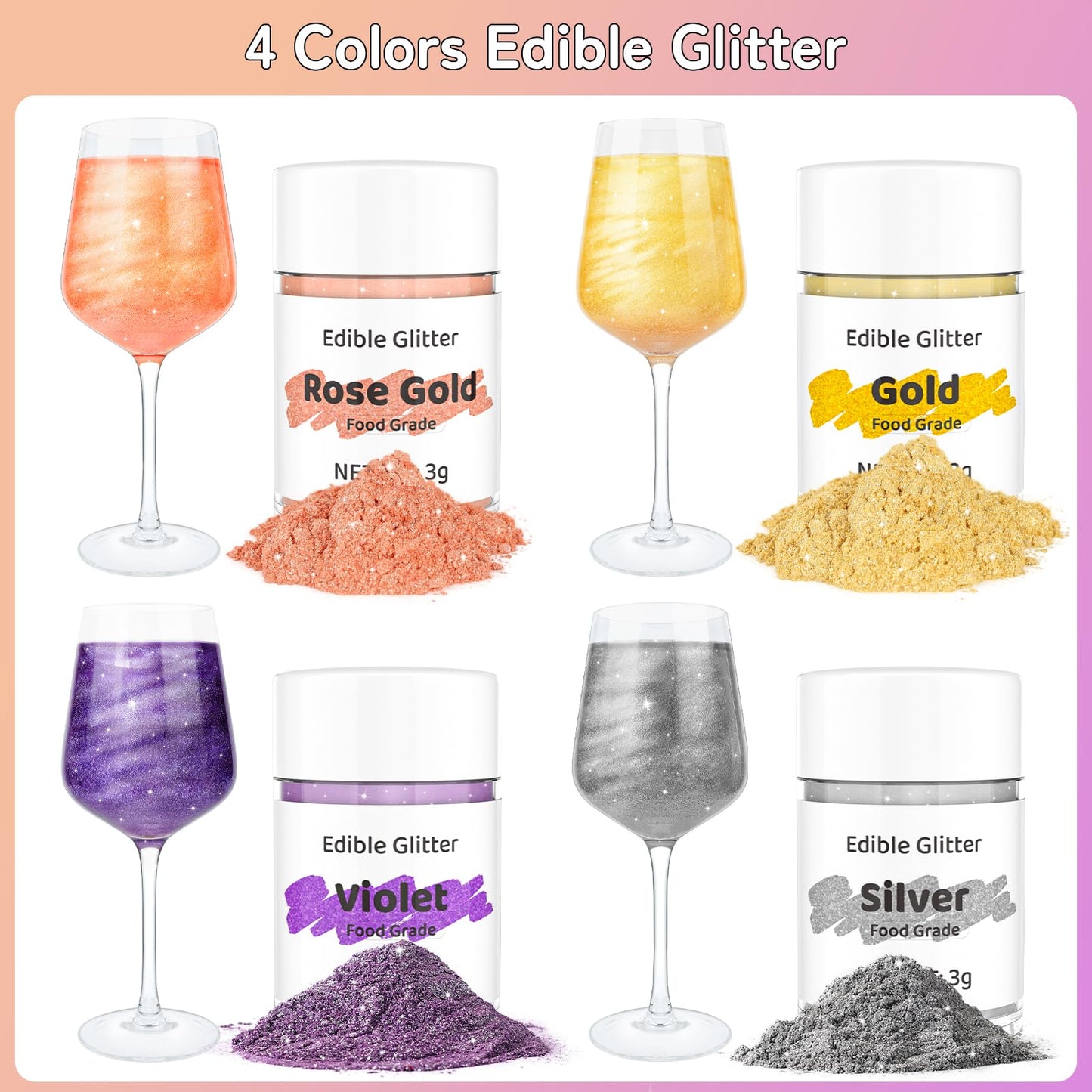 Cherrysea Food Coloring Edible Glitter Drink Shimmer 4 Colors No Taste Food Grade Edible Luster Dust Powder Set for Cocktails Champagne Beverages,Vegan, Gluten Free - 3g/Bottle